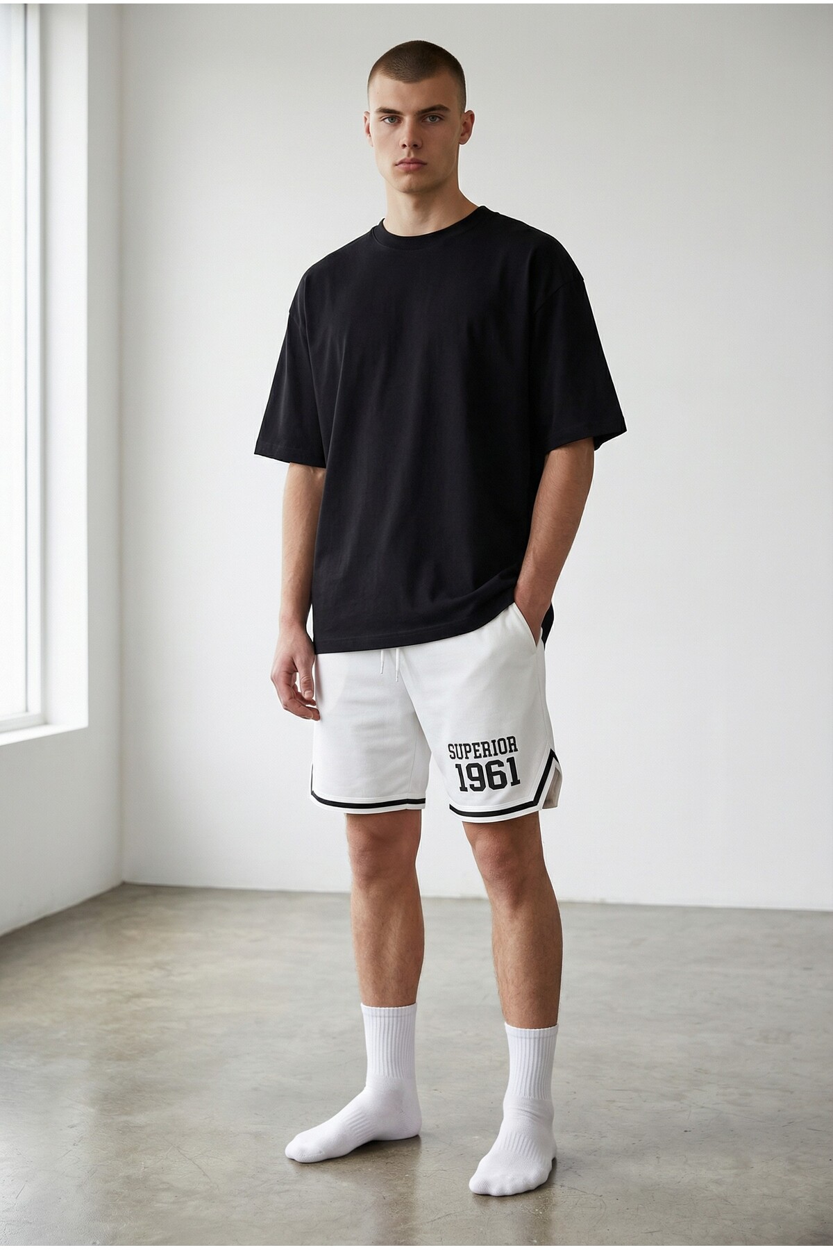 Altamira  Erkek Beyaz Superior Baskılı Paça Şeritli Şort