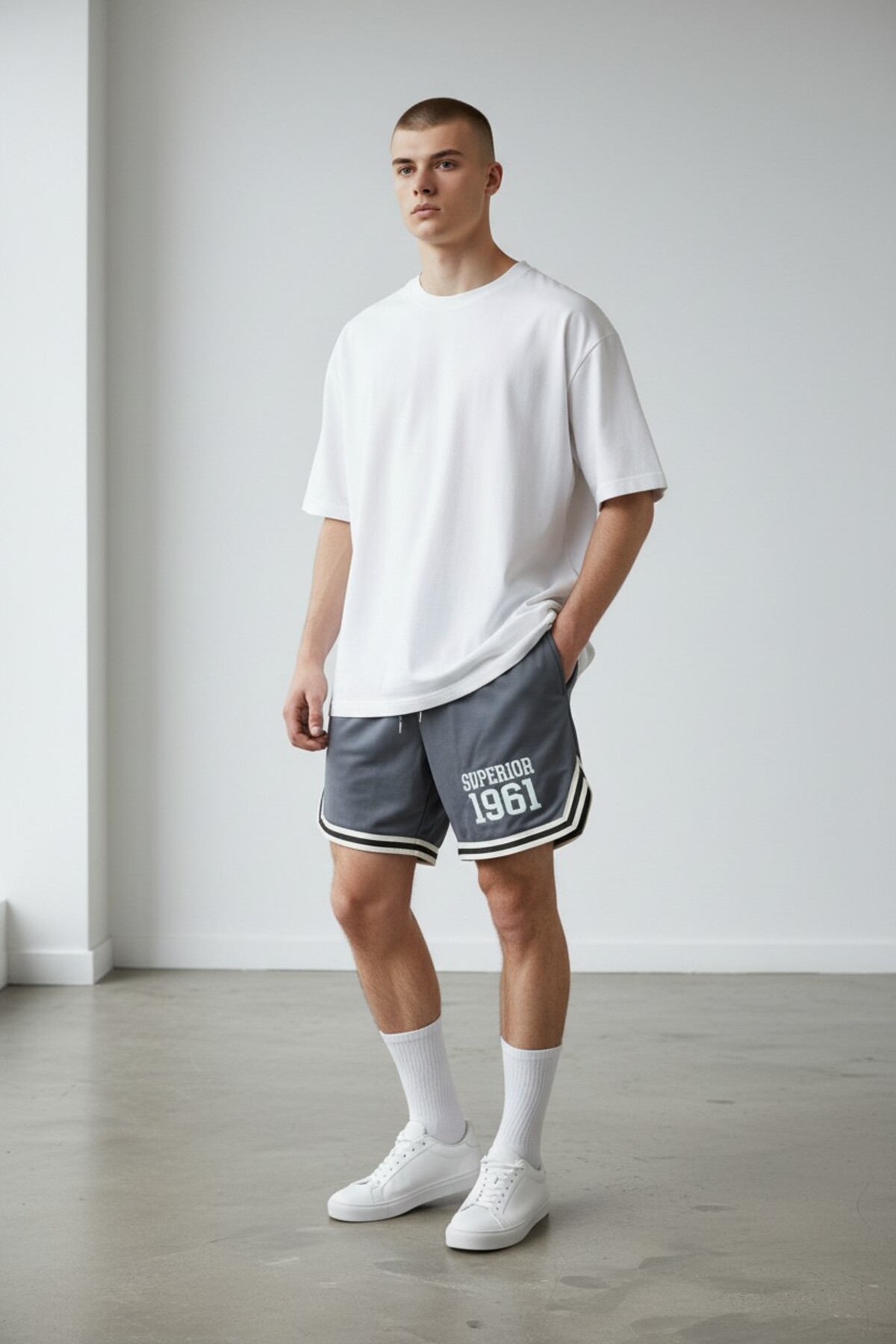 Altamira  Erkek Füme Pamuklu Superior Baskılı Paça Şeritli Oversize Normal Bel Şort