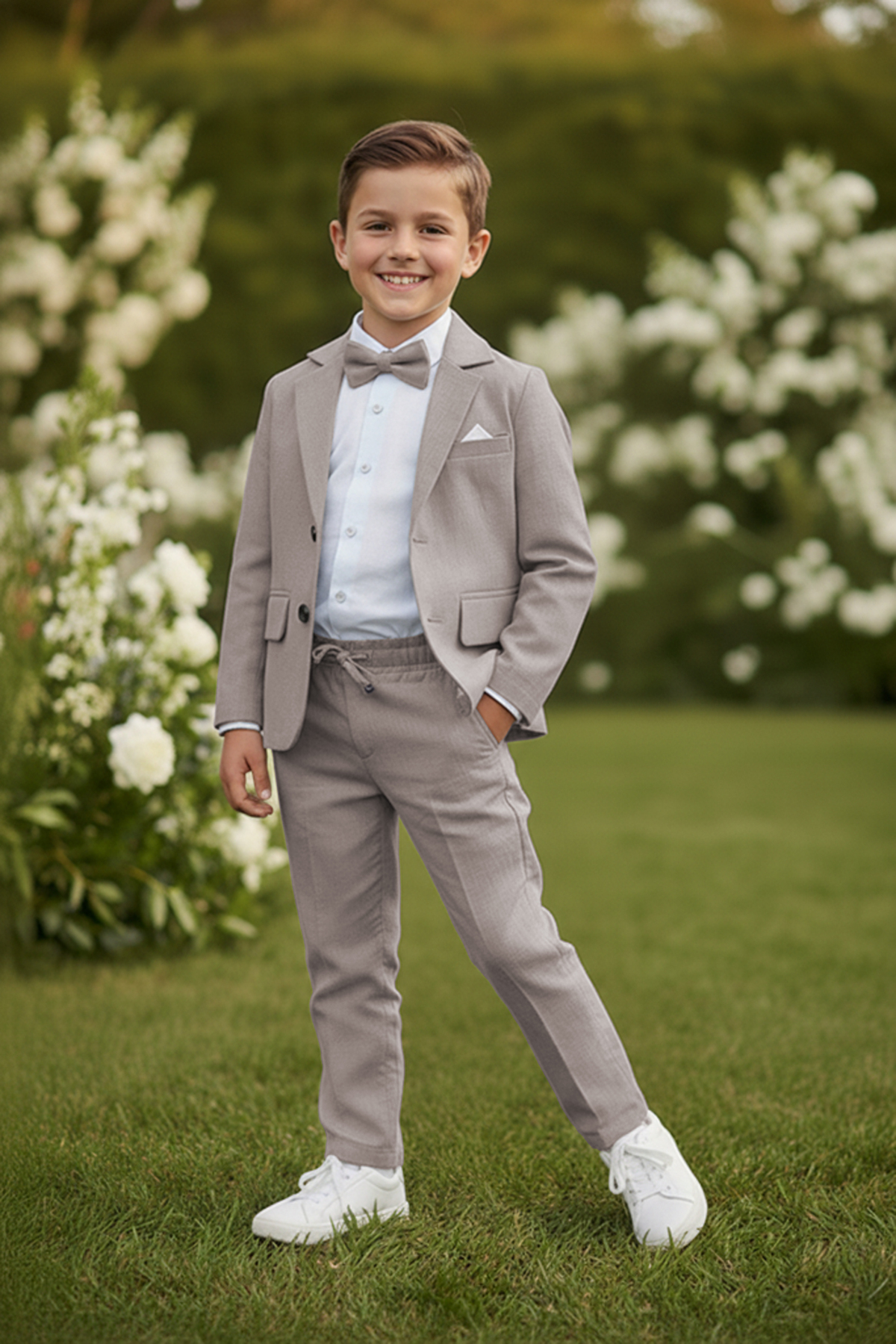 Boys Flamed Linen Suit (Jacket, Shirt, Bow Tie and Drawstring Pants) Stone Grey