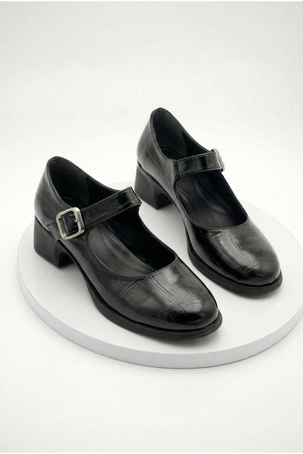 Women's Black Crocodile Design Loafer Buckle Casual Thick Heels Ballerina Loafer