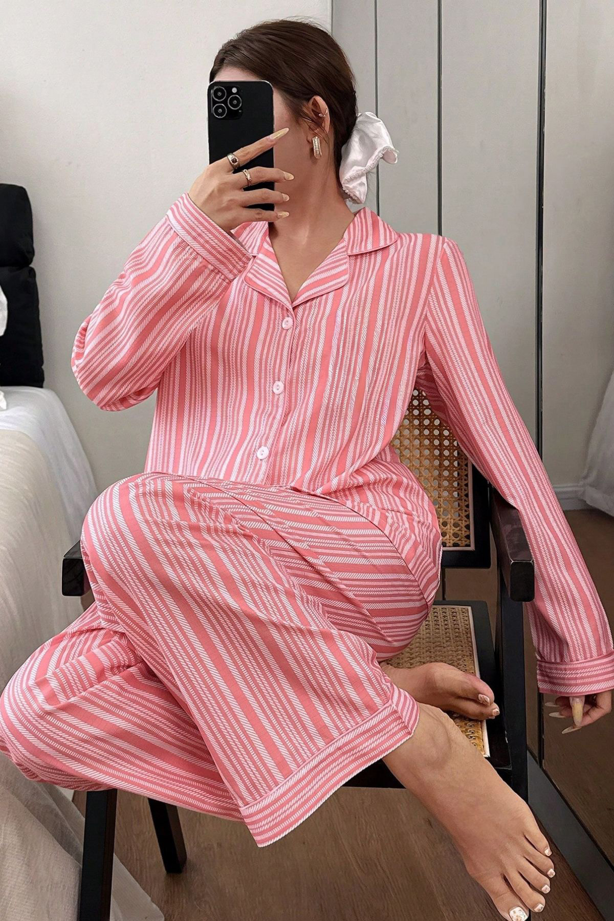 BELLA NOTTE Pembe Düğmeli Dikey Baskılı Uzun Kollu Pijama Takımı görsel 3