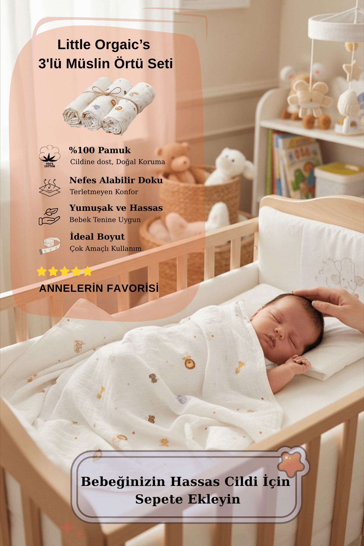 LUCKKA Little Organic's | 3’lü %100 Organik Pamuk Müslin Örtü - Battaniye Seti 75x80 cm | Oeko-tex | Gots - fotoğrafı 7 (önizleme)