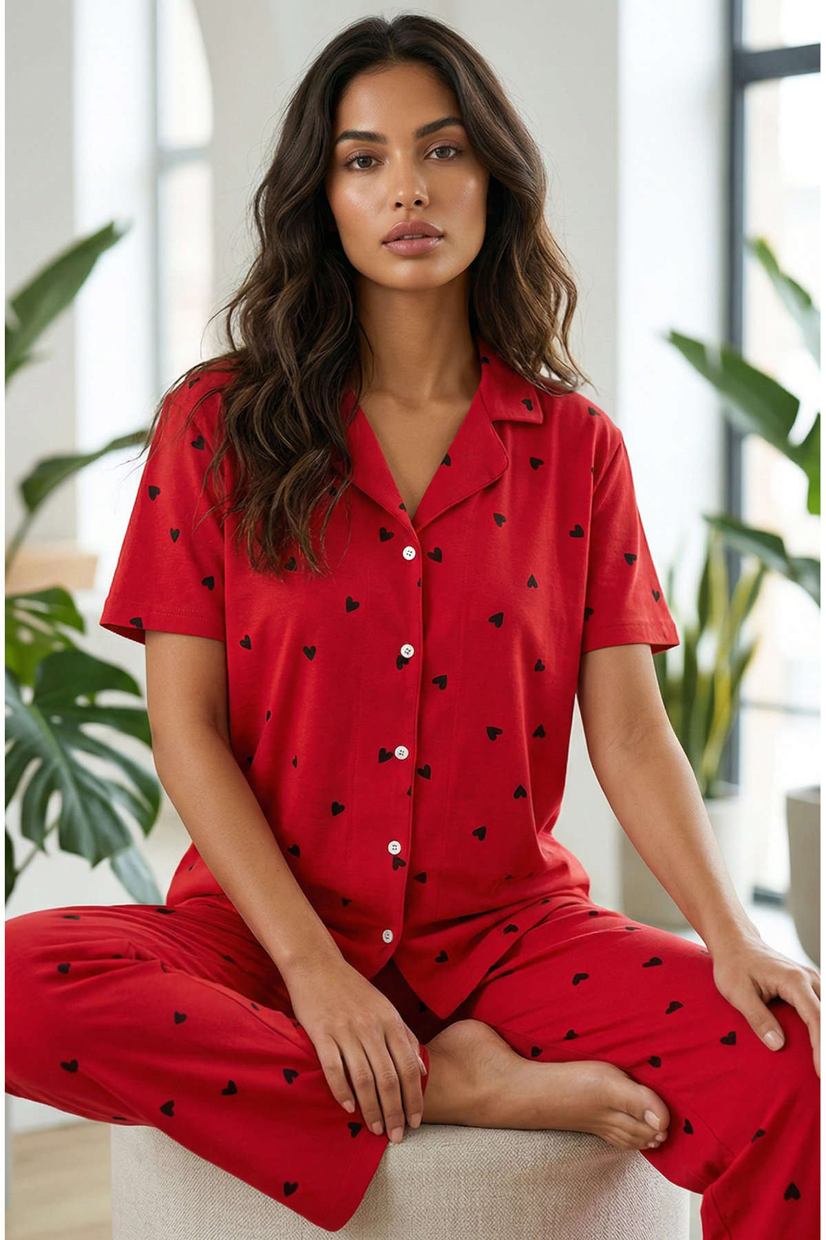 Siyah İnci  Kırmızı Kısa Kollu Pamuklu Düğmeli Pijama Takımı