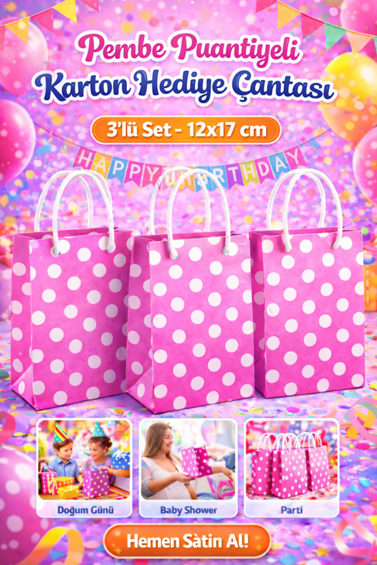 OPTİMEX Pembe Puantiyeli Karton Hediye Çantası 3’lü Set – 12x17 cm – Parti Doğum Günü Baby Shower Uyumlu fotoğrafı 2 (önizleme)