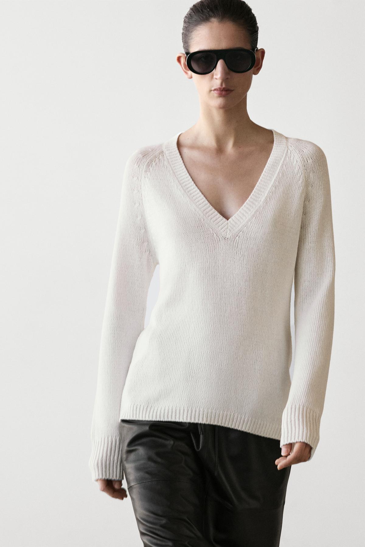 Massimo Dutti  Pamuklu V yaka triko kazak - Görsel 3