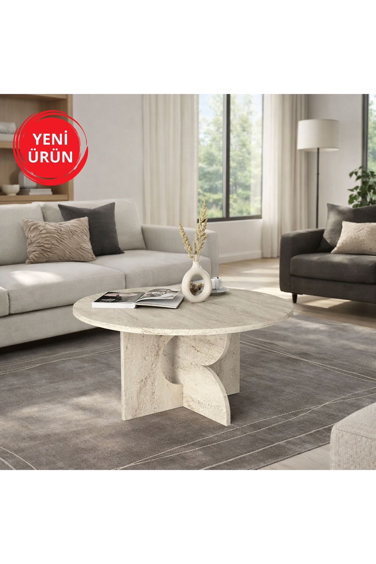 Mara Coffee Table with Travertine Pattern, Modern Living Room and Living Room Coffee Table