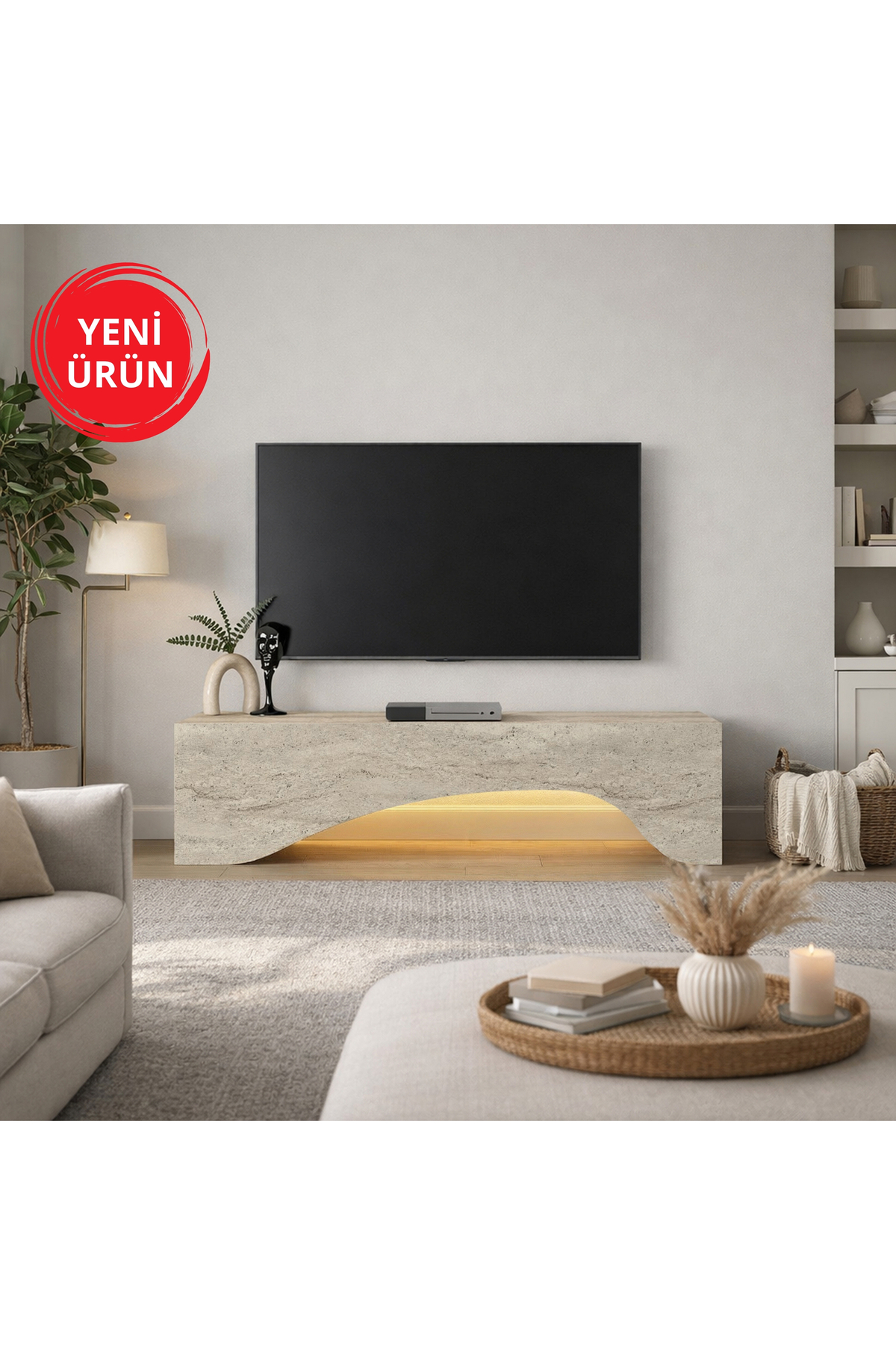 Mara led TV Stand & Unit, Modern Design, Easy Installation Living Room Furniture Travertine 150 cm