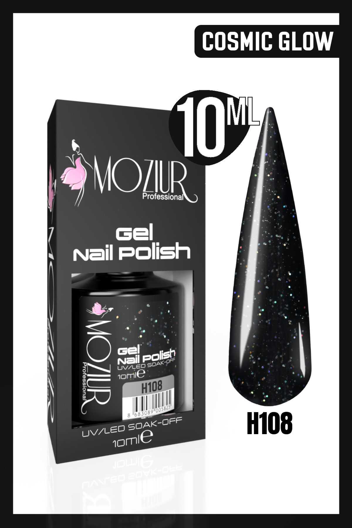 MOZIUR لاک دائمی ناخن UV Led H108 (Cosmic Glow) 10ml — مشکی 8683089005542