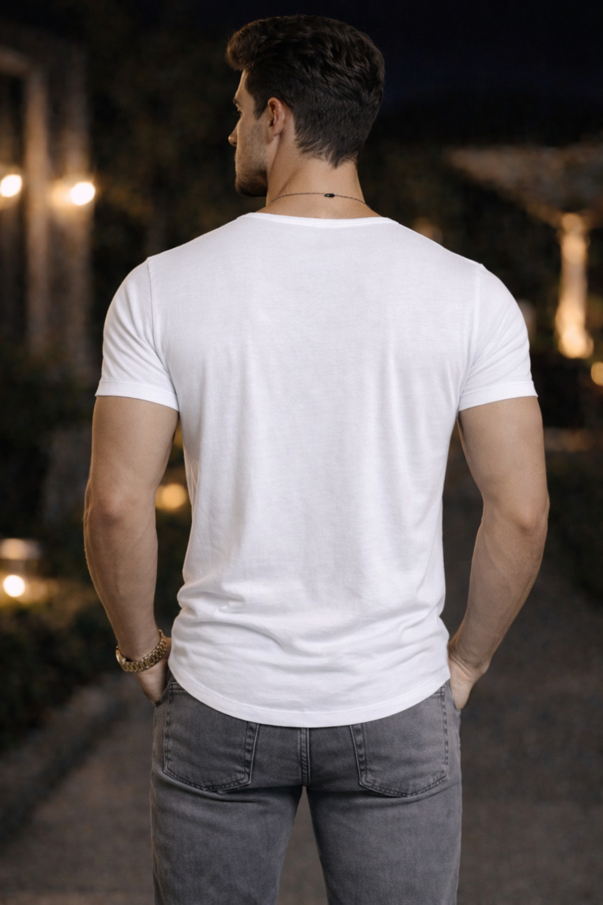 BYBÜLENT  Erkek Oval Yaka Tişört Dar Kesim Açık Yaka Likralı Slim Fit T-shirt Beyaz Vr013 - Görsel 4