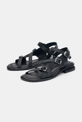 selin shoes Bloss 3'lü Lastik Toka Detaylı Hakiki Deri Kadın Sandalet- SİYAH