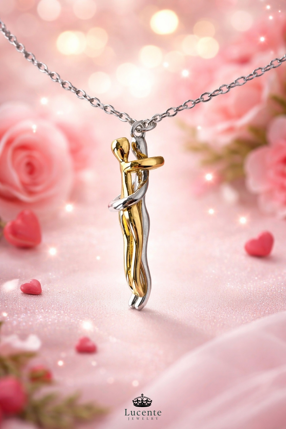 Lucente Jewellery Işıklı Hediye Kutulu 925 Ayar Luxury Serisi Birbirine Sarılan Çift Sevgili Kolyesi Gümüş Özel Gün Hediyesi 45 Cm Zincirli Sonsuz Aşk Güven Bağlılık ve Sadakat Simgesi Küpe Hediyeli Şık Kadın Kolye görsel 3