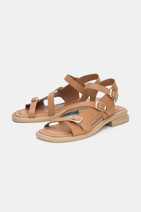 selin shoes Bloss 3'lü Lastik Toka Detaylı Hakiki Deri Kadın Sandalet- TABA