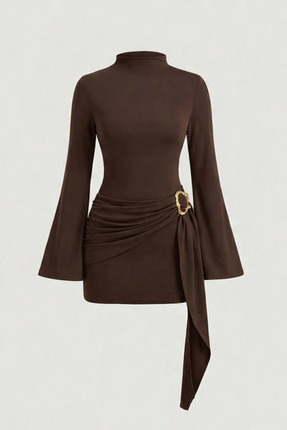 oshebu Kadın Dik Yaka Toka Detaylı Kuşaklı Mini Elbise