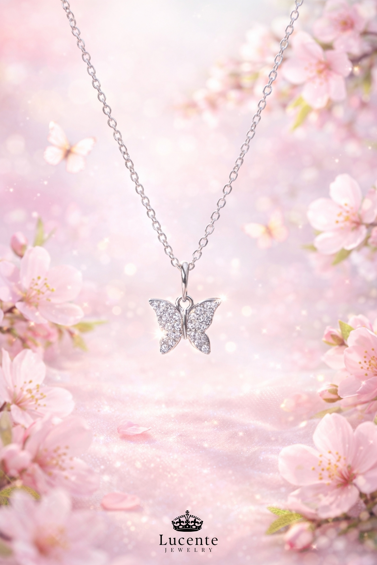 Lucente Jewellery Işıklı Hediye Kutulu Aşk Mutluluk Uğur Şans ve Zarafetin Simgesi Beyaz Taşlı Minimal Kelebek 925 Ayar Luxury Serisi Gün Hediyesi Gümüş Minik Kelebekli 45 Cm Zincirli Küpe Hediyeli Zarif Kadın Kolye görsel 2