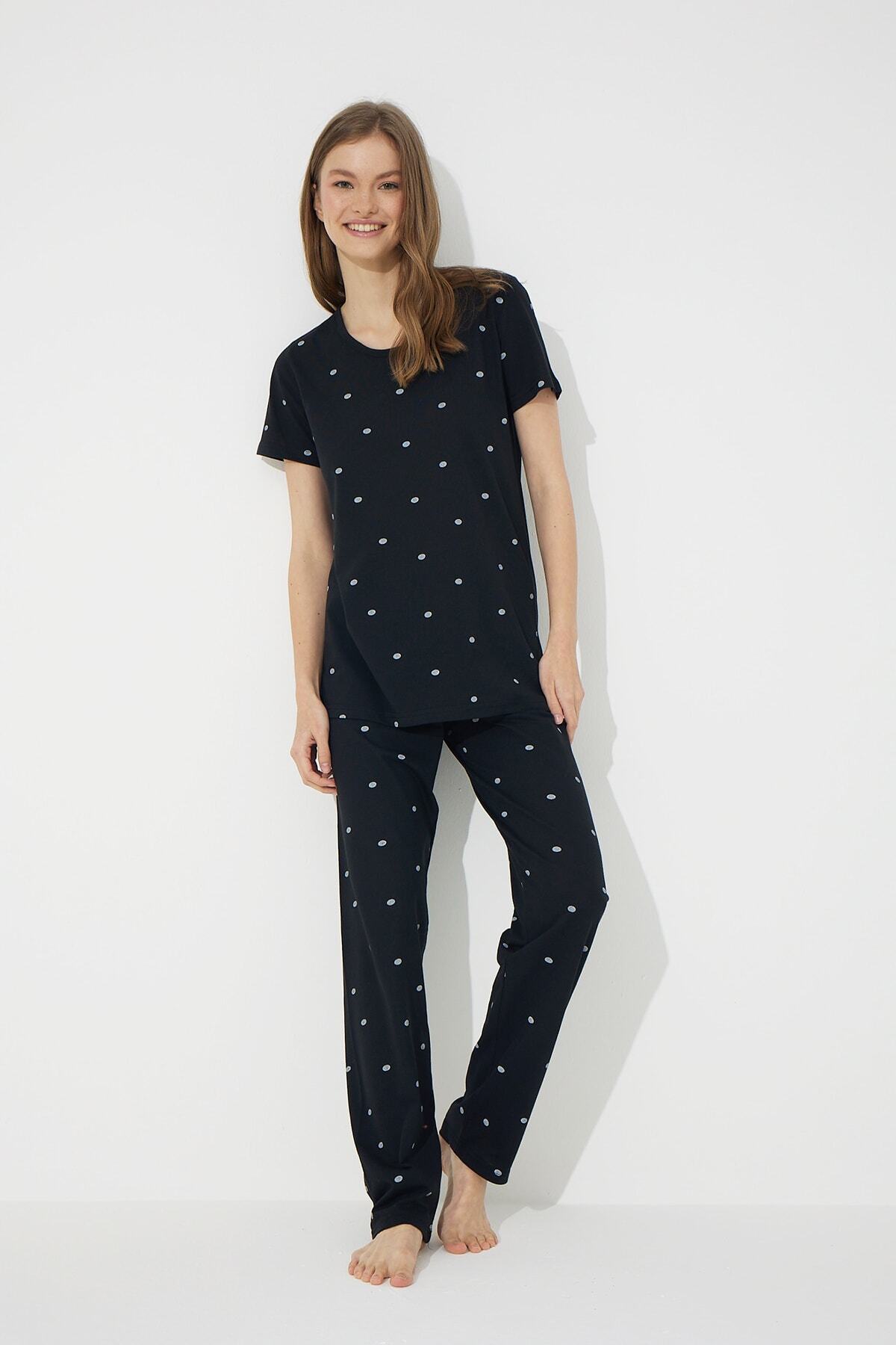 Siyah İnci  Siyah Kısa Kollu Pamuklu Pijama Takımı - Görsel 2