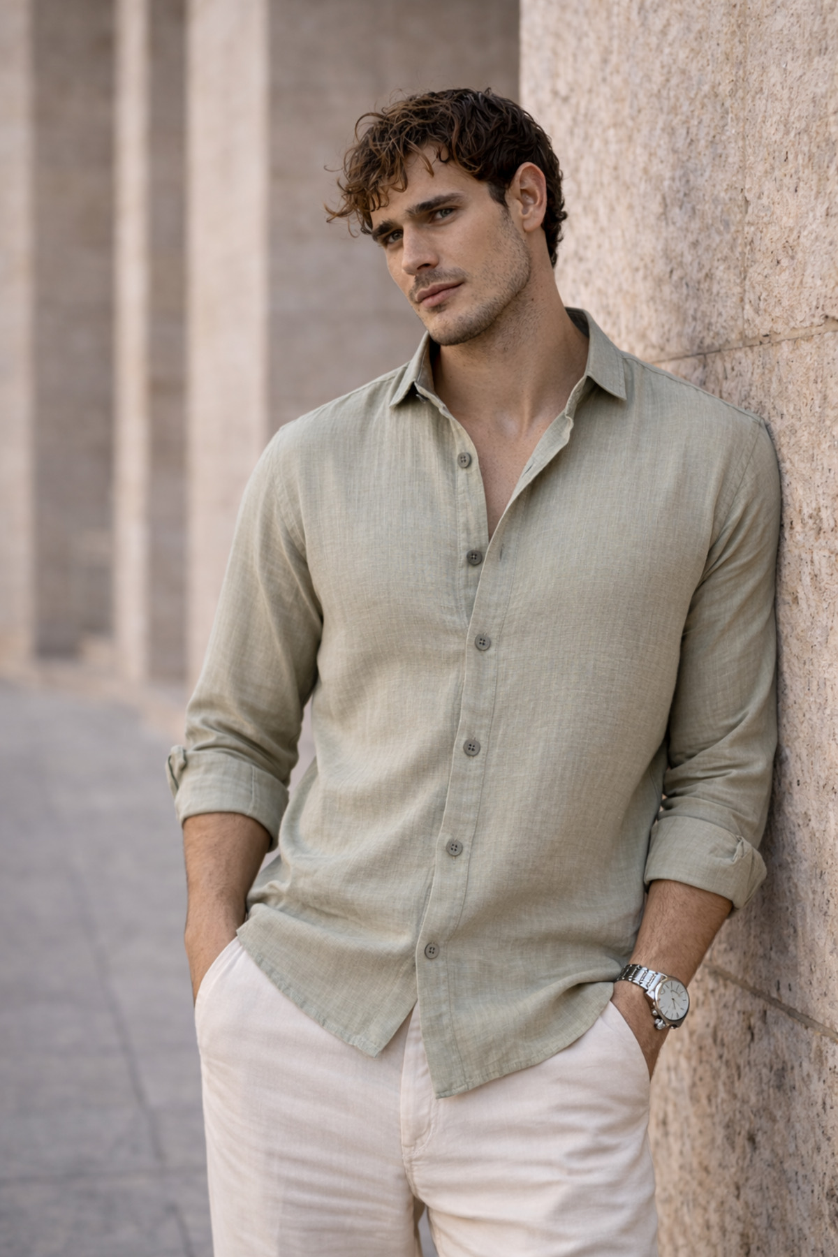Valiberta  Nefes Alabilir Yarım Oversize Müslin Kumaş Uzun Kol Yakalı Erkek Gömlek - Açık Haki - Görsel 7