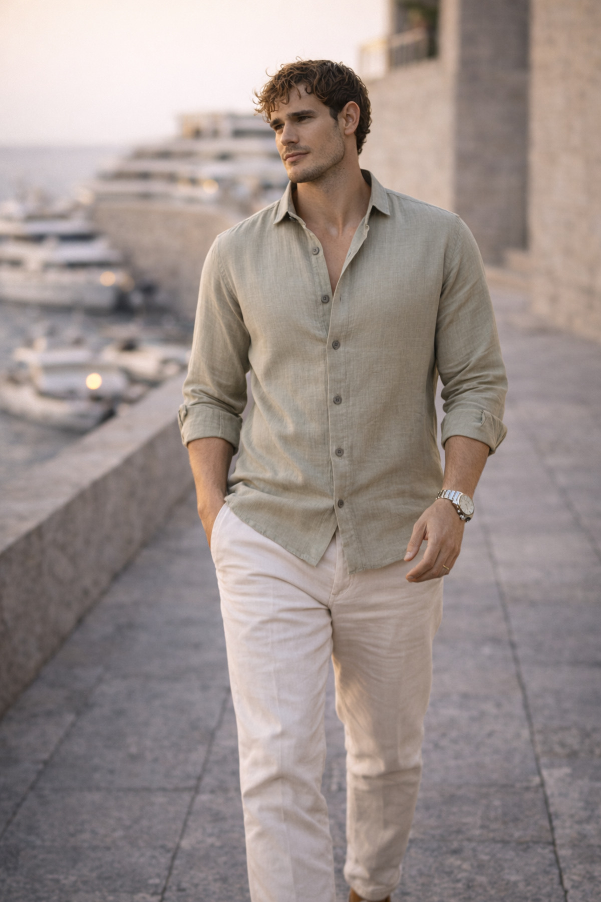 Valiberta  Nefes Alabilir Yarım Oversize Müslin Kumaş Uzun Kol Yakalı Erkek Gömlek - Açık Haki - Görsel 8