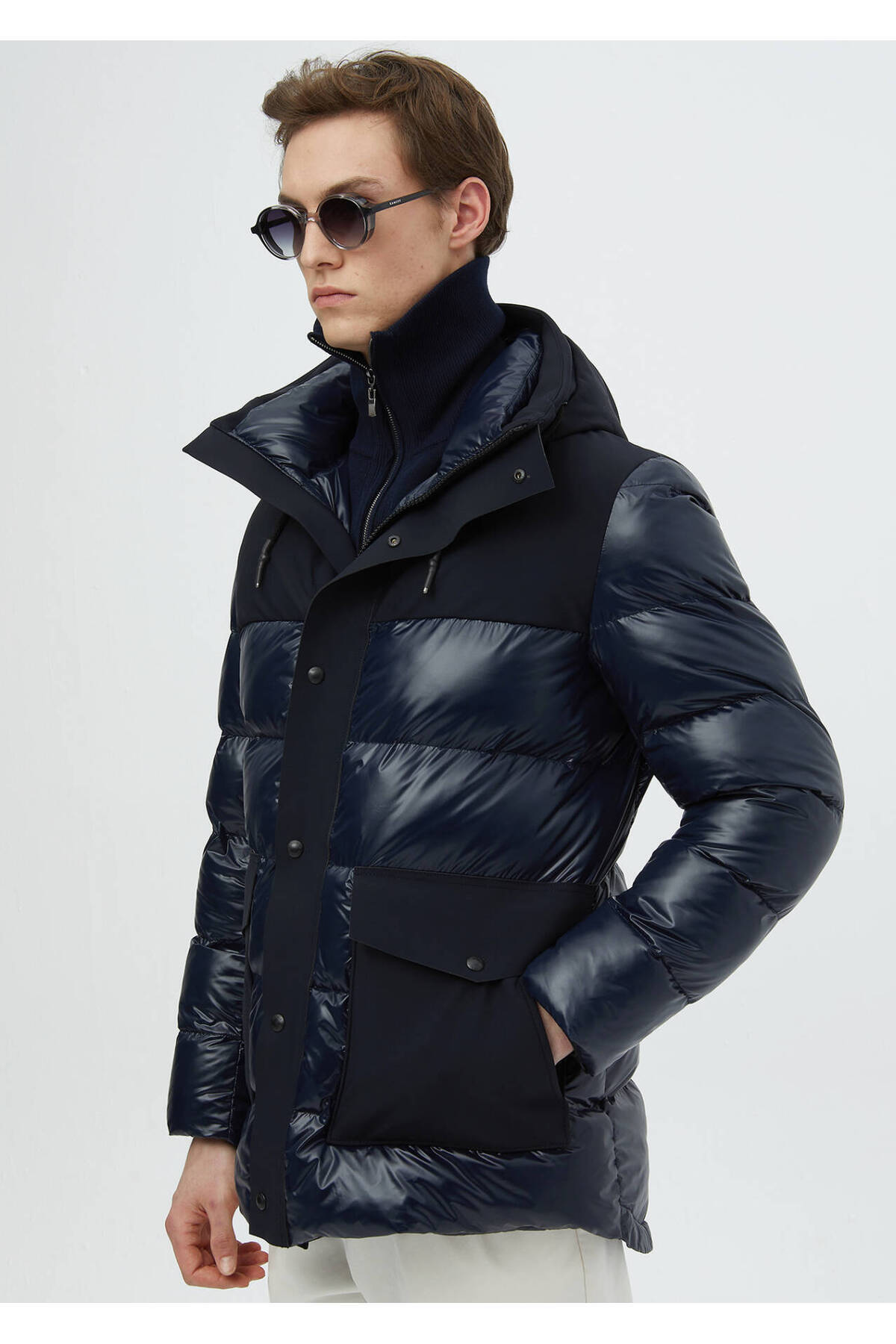 Ramsey Lacivert Regular Fit Kapüşonlu Casual Dokuma Kaban görsel 4