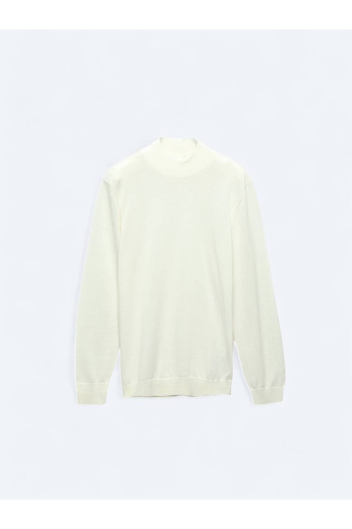 Kip  Ekru Yarım Balıkçı Yaka Düz Örgü Yün Karışımlı Triko Kazak - Görsel 8