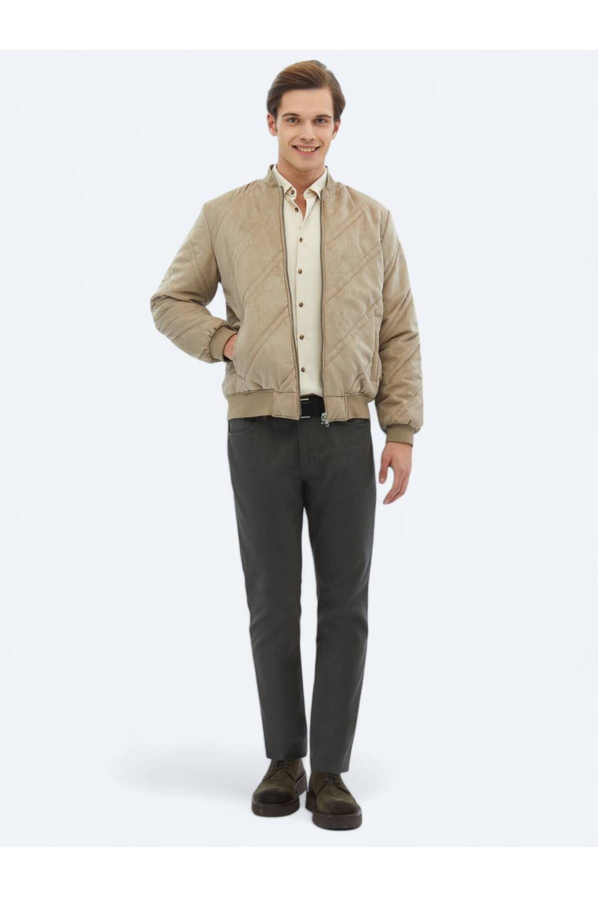 Kip Bej Regular Fit Dik Yaka Casual Dokuma Mont görsel 2