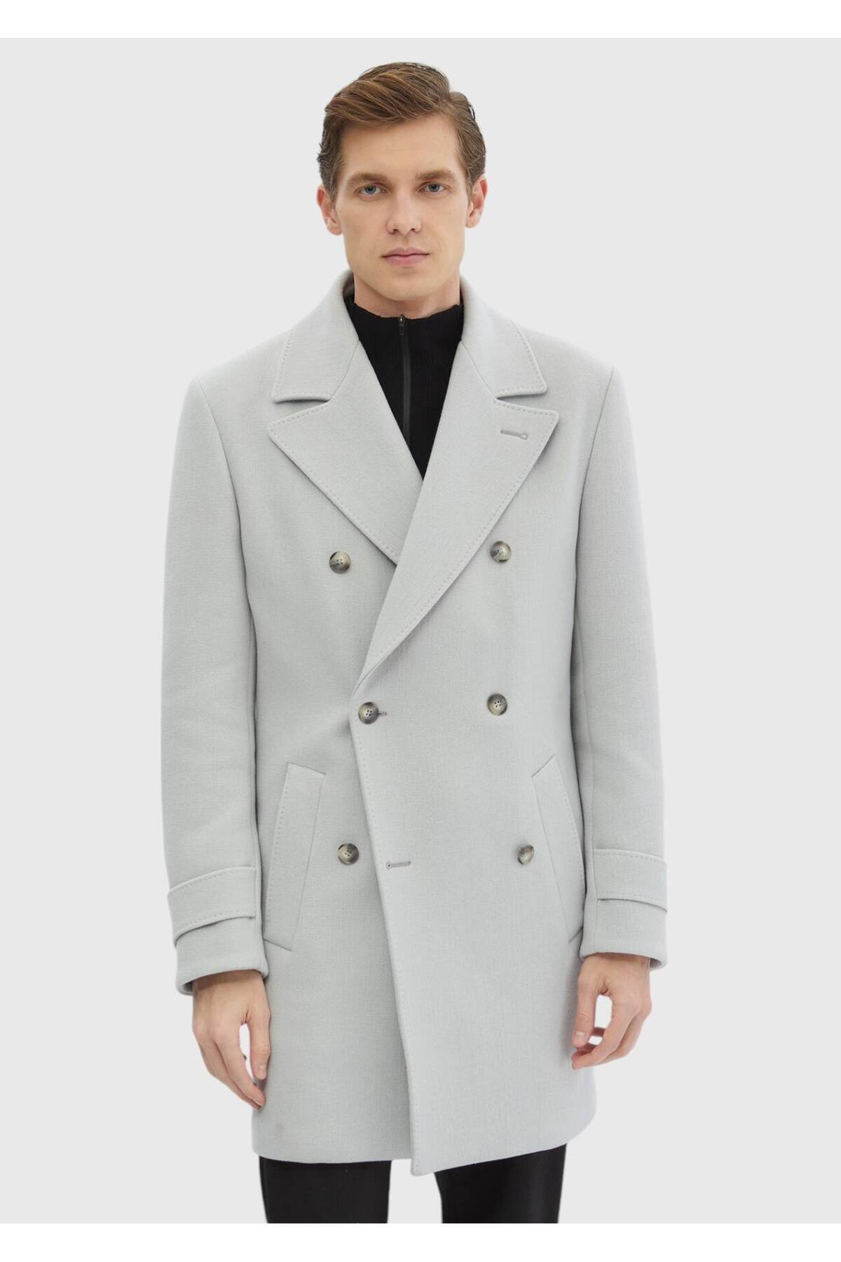 Ramsey  Gri Regular Fit Kruvaze Yaka Casual Dokuma Palto - Görsel 4