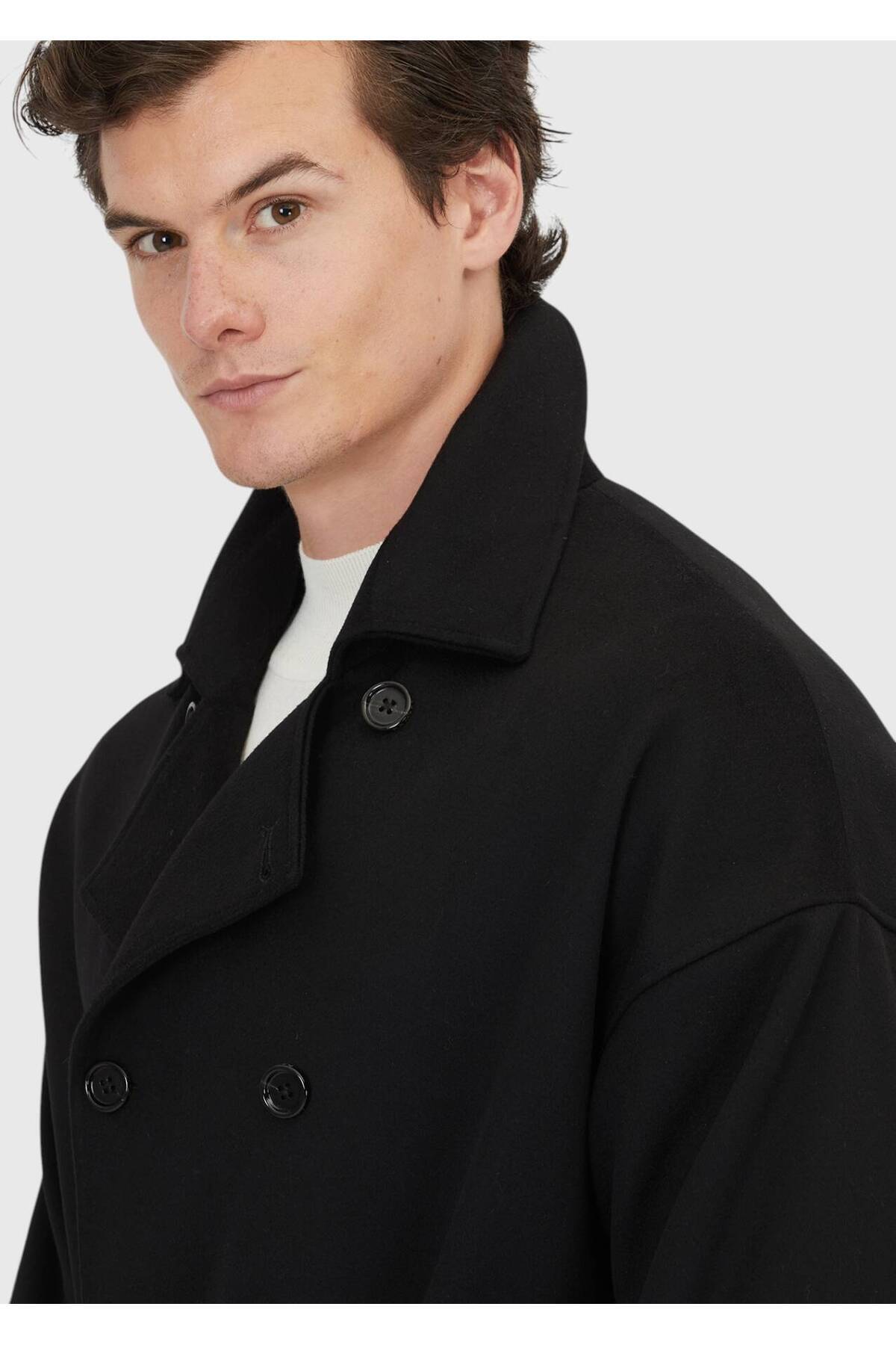 Ramsey  Siyah Oversize Fit Casual Dokuma Palto - Görsel 5