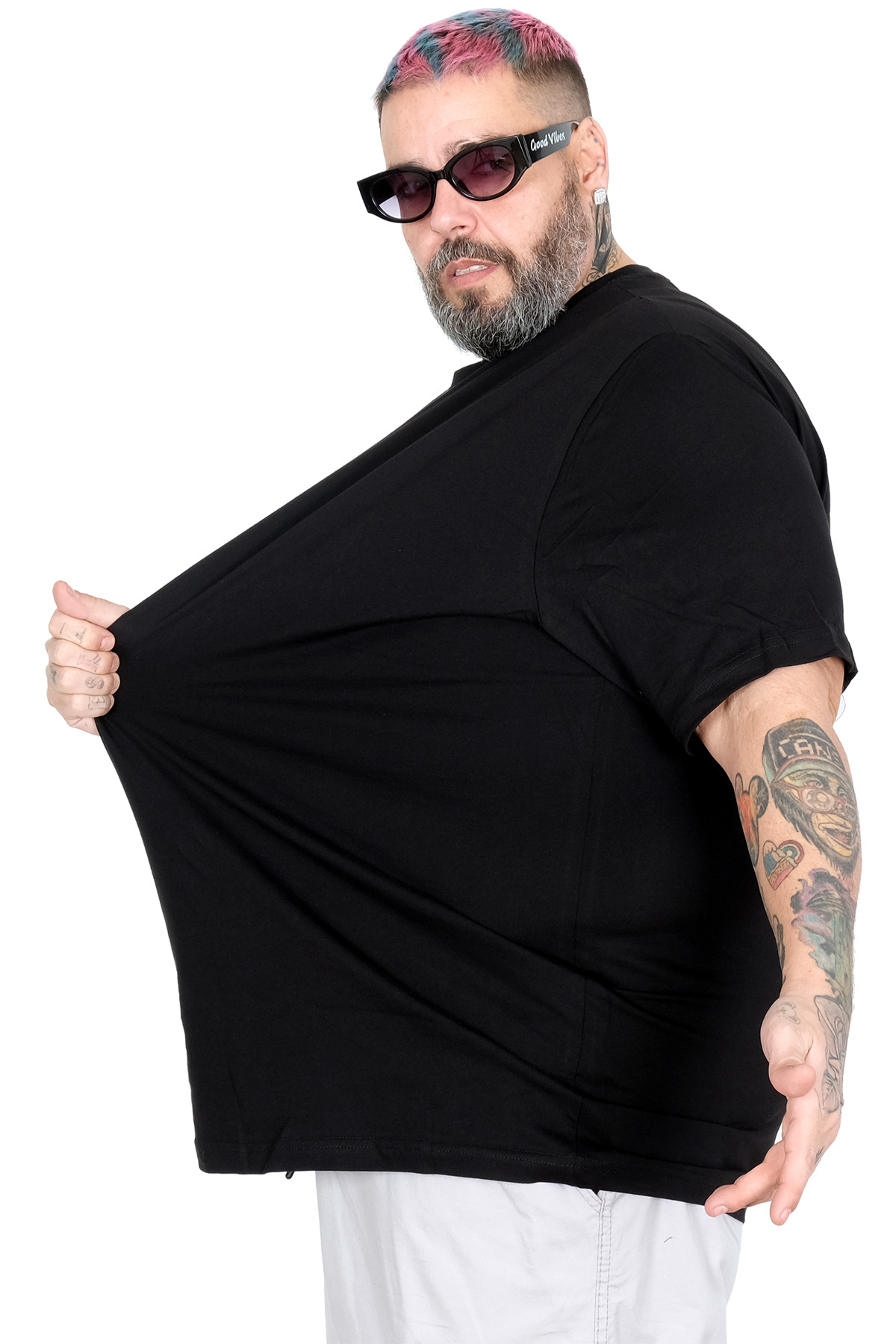 ModeXL Büyük Beden Erkek Bisiklet Yaka Basic T-Shirt %100 Pamuk 20031 Siyah görsel 3