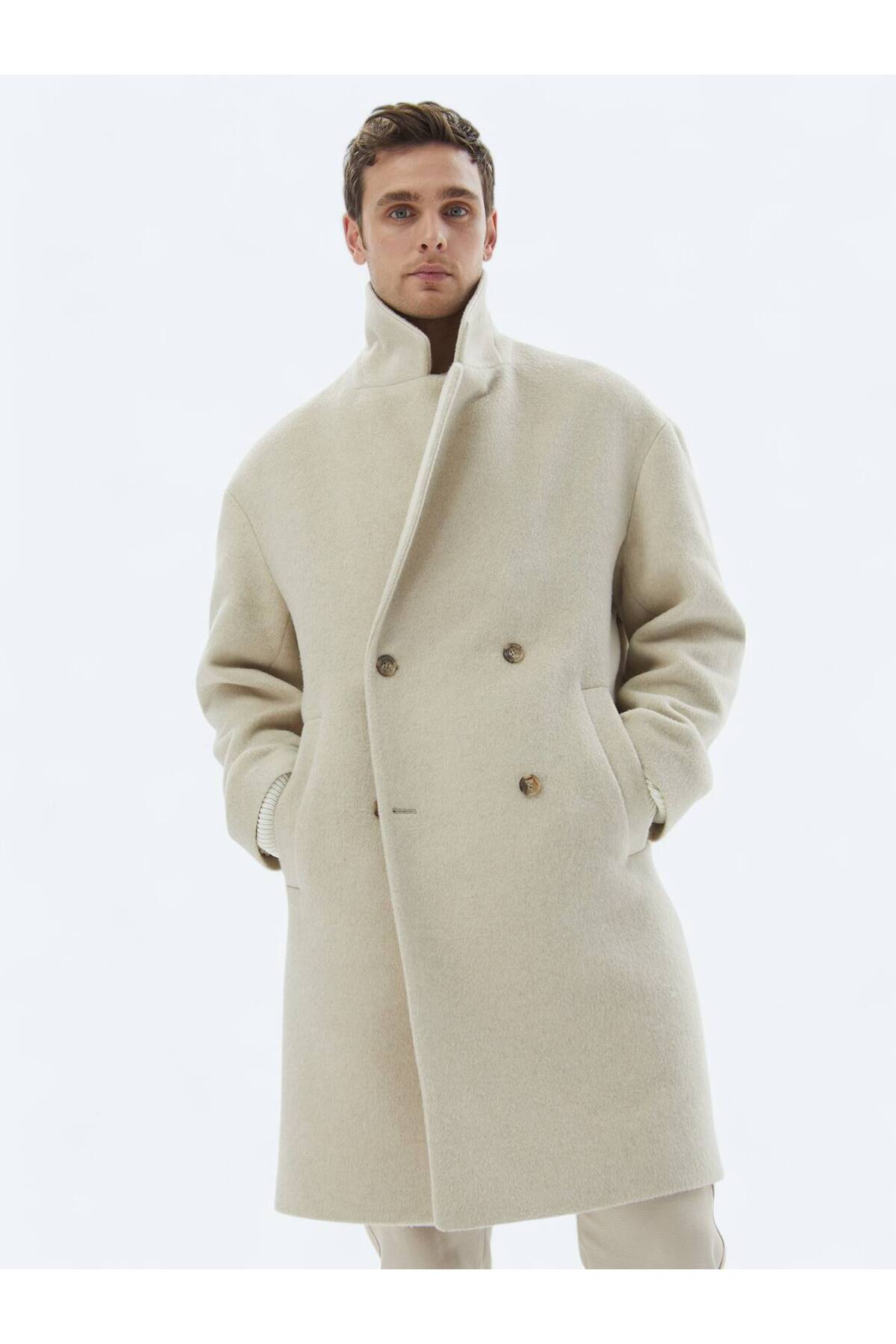 Kip  Açık Bej Oversize Fit Kruvaze Yaka Klasik Dokuma Palto - Görsel 6