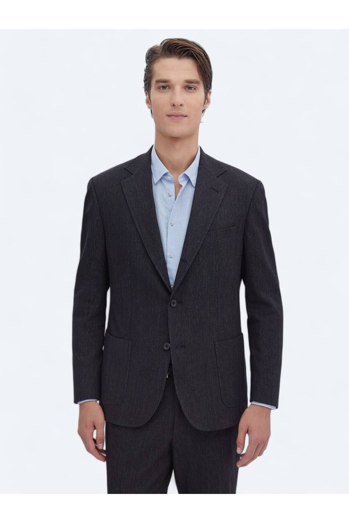Kip Siyah Düz Modern Fit Pamuk Karışımlı Takım Elbise görsel 4
