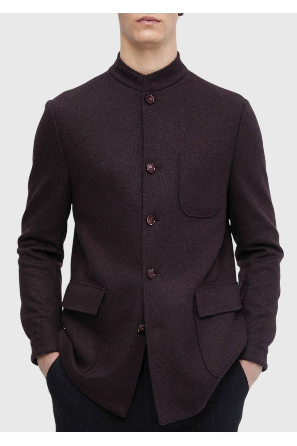 Ramsey  Bordo Düz Shirt Shoulder Slim Fit Yün Karışımlı Örme Ceket - Görsel 4