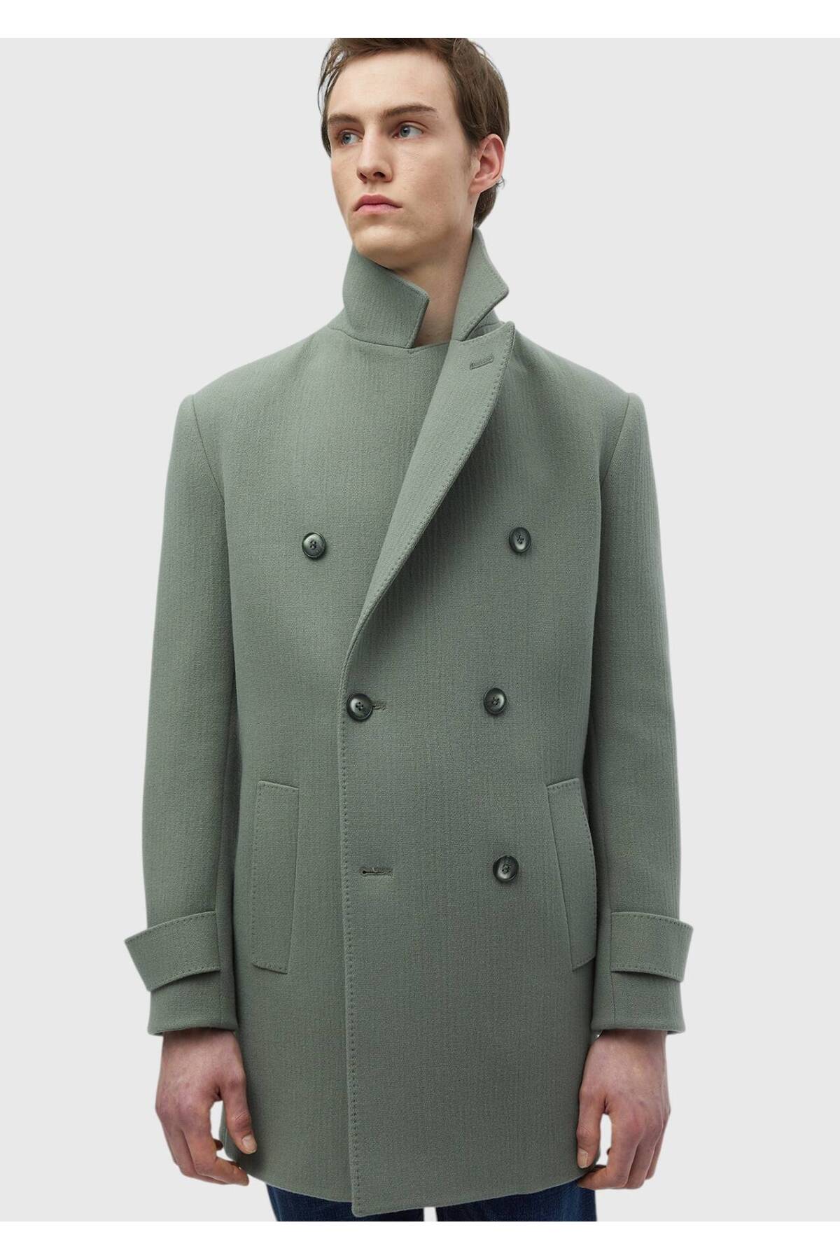 Ramsey  Açık Yeşil Regular Fit Kruvaze Yaka Casual Dokuma Palto - Görsel 5
