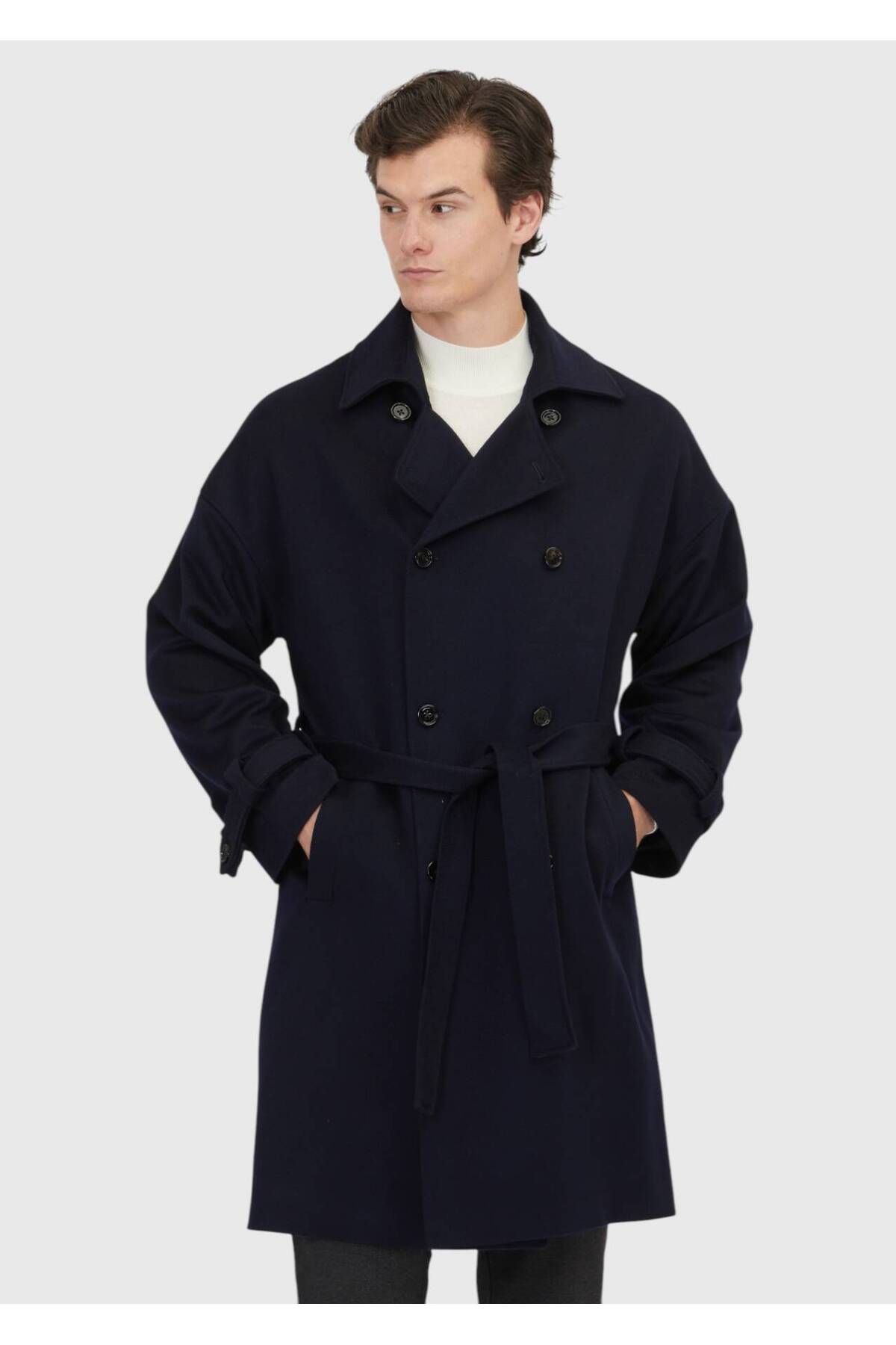 Ramsey Lacivert Oversize Fit Kruvaze Yaka Casual Dokuma Palto
