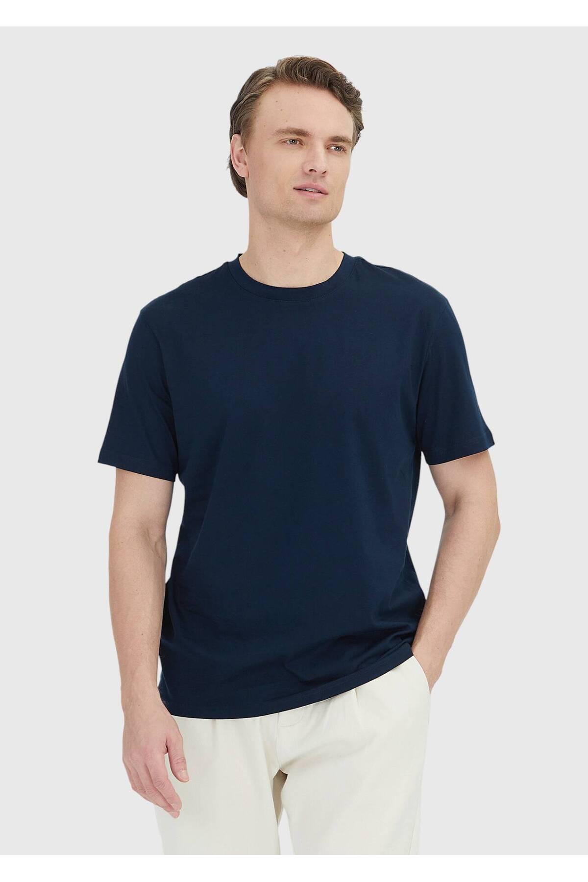 Ramsey  Lacivert Düz Bisiklet Yaka %100 Pamuk T-Shirt