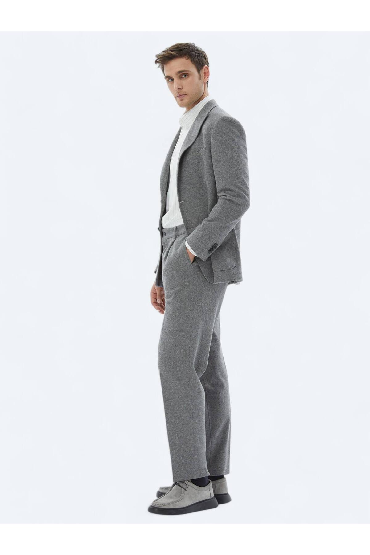 Kip Gri Desenli Modern Fit Pamuk Karışımlı Örme Takım Elbise görsel 3