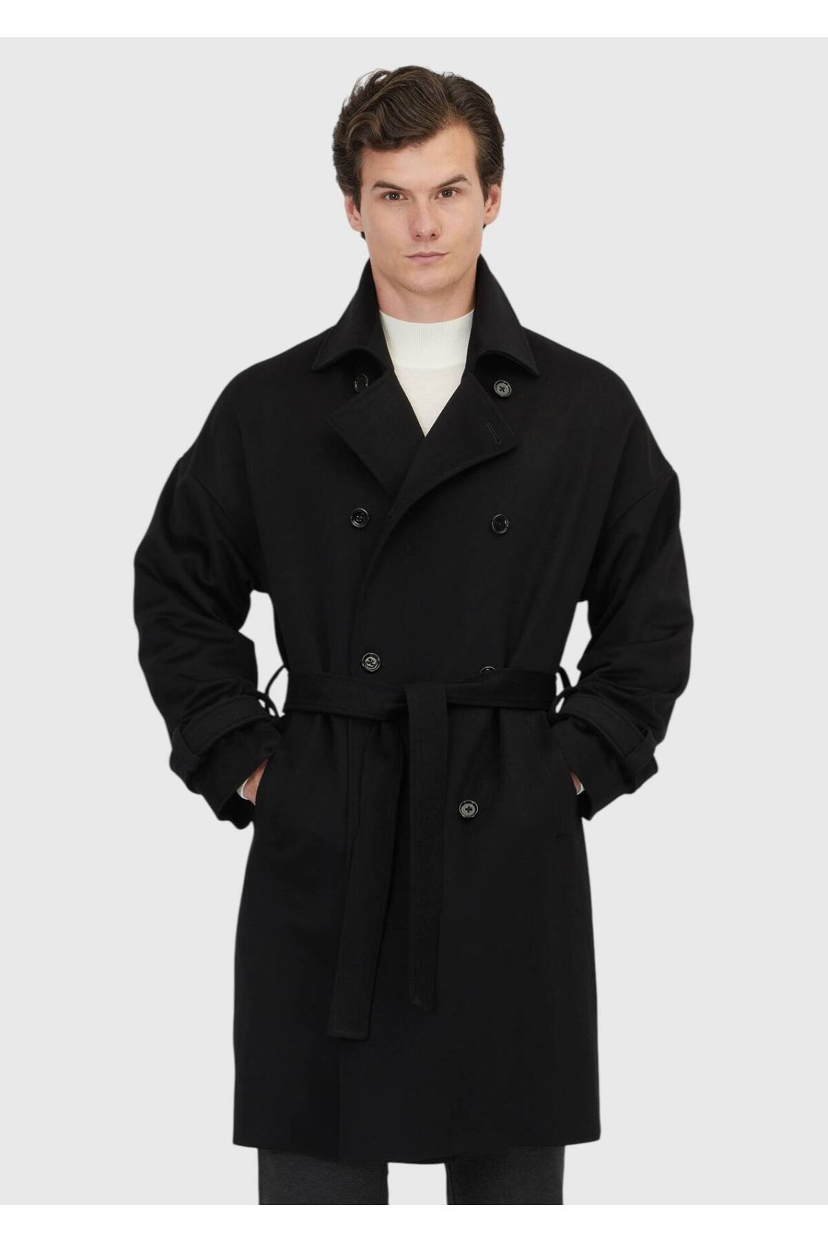 Ramsey  Siyah Oversize Fit Casual Dokuma Palto