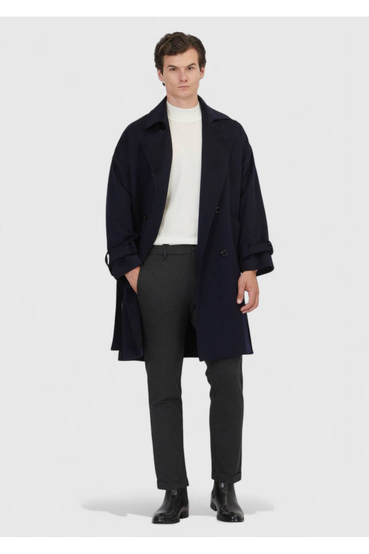 Ramsey Lacivert Oversize Fit Kruvaze Yaka Casual Dokuma Palto görsel 2