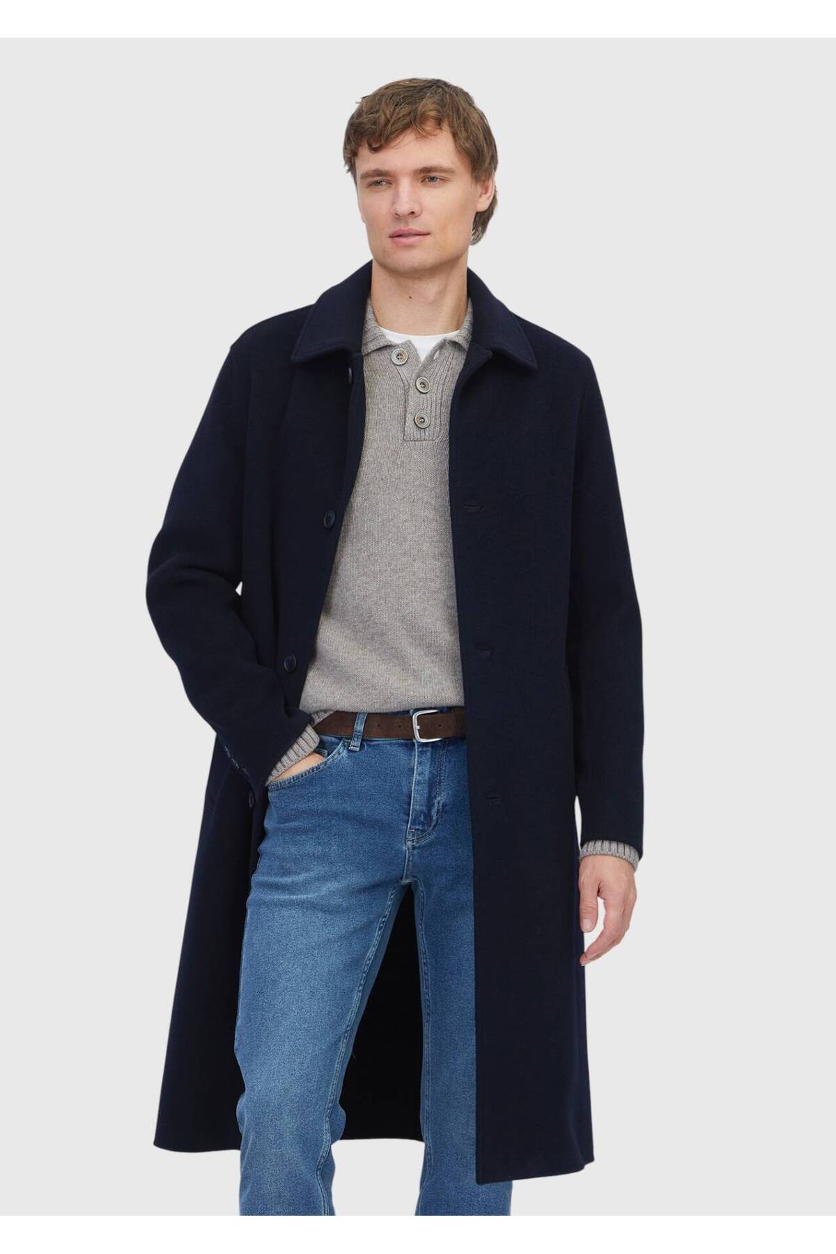 Ramsey  Lacivert Regular Fit Gömlek Yaka Klasik Dokuma Palto