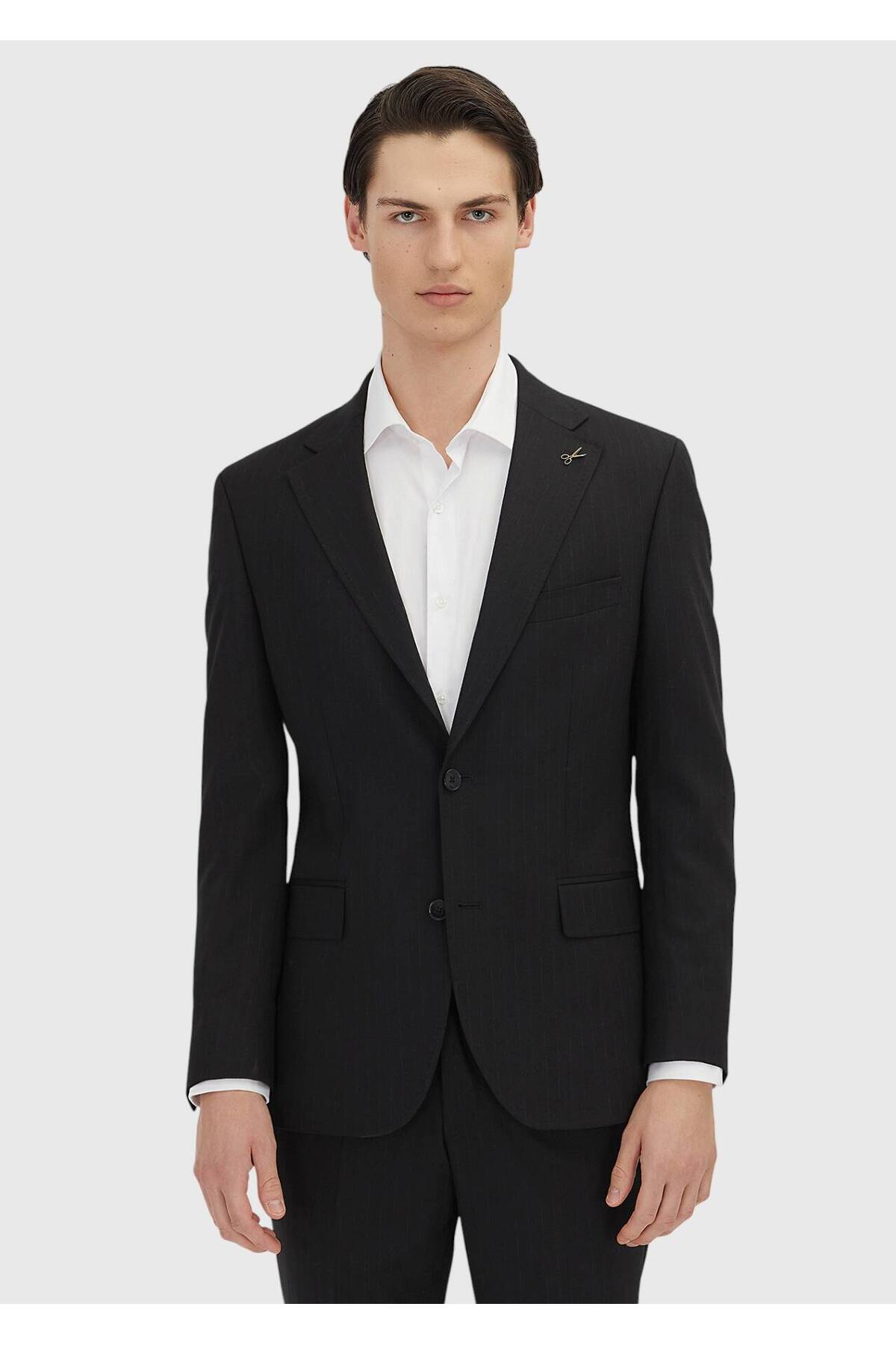 Ramsey Siyah Çizgili Zeroweight Slim Fit Yün Karışımlı Takım Elbise görsel 2