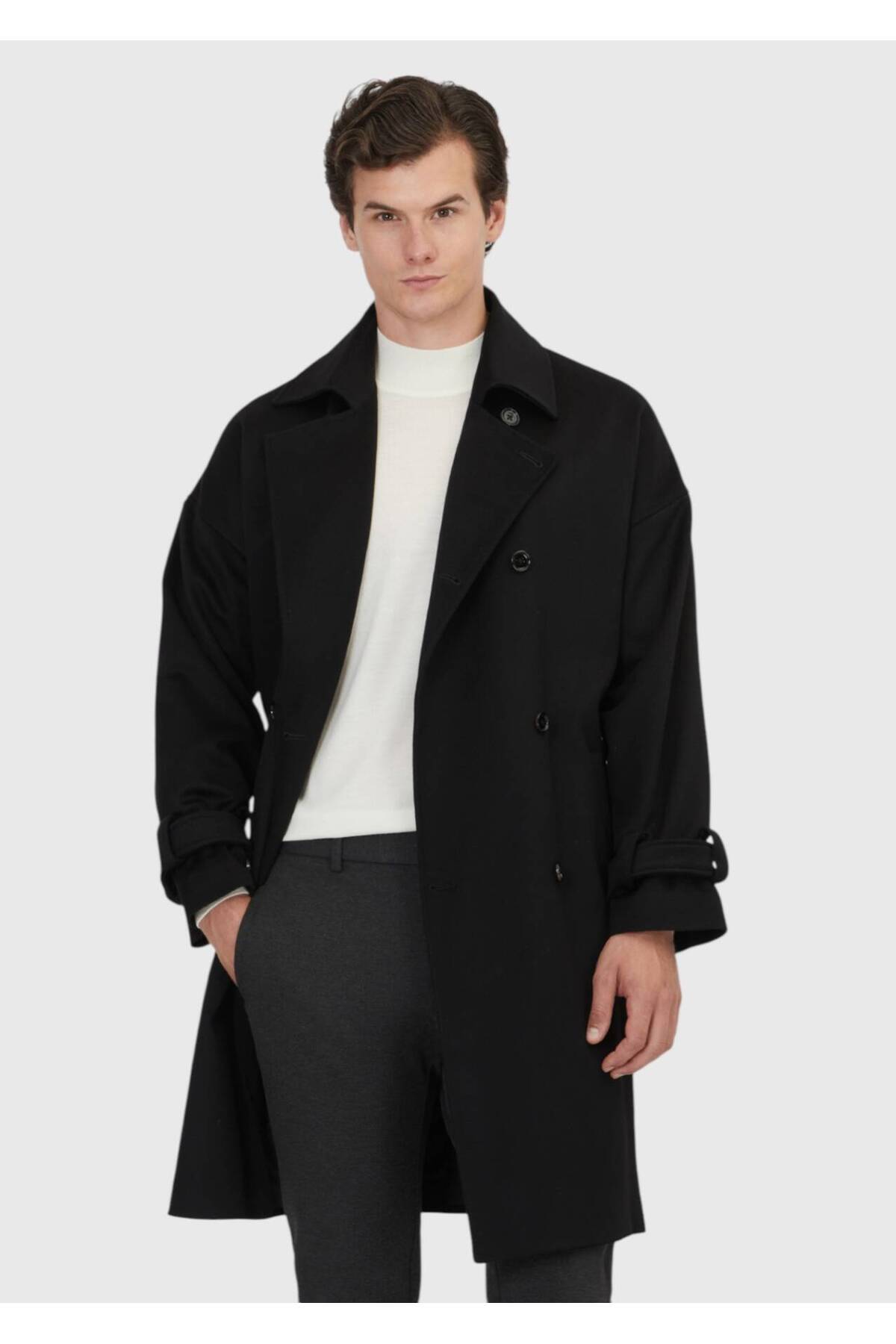 Ramsey  Siyah Oversize Fit Casual Dokuma Palto - Görsel 3