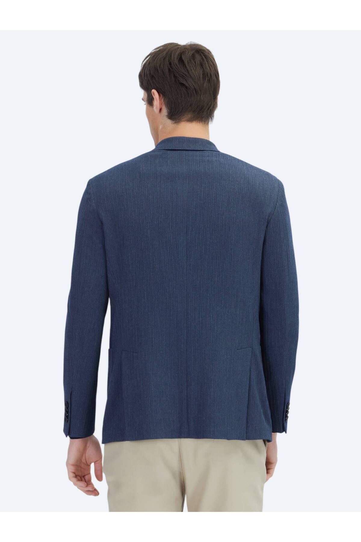 Kip  Koyu Lacivert Çizgili Modern Fit Ceket - Görsel 6