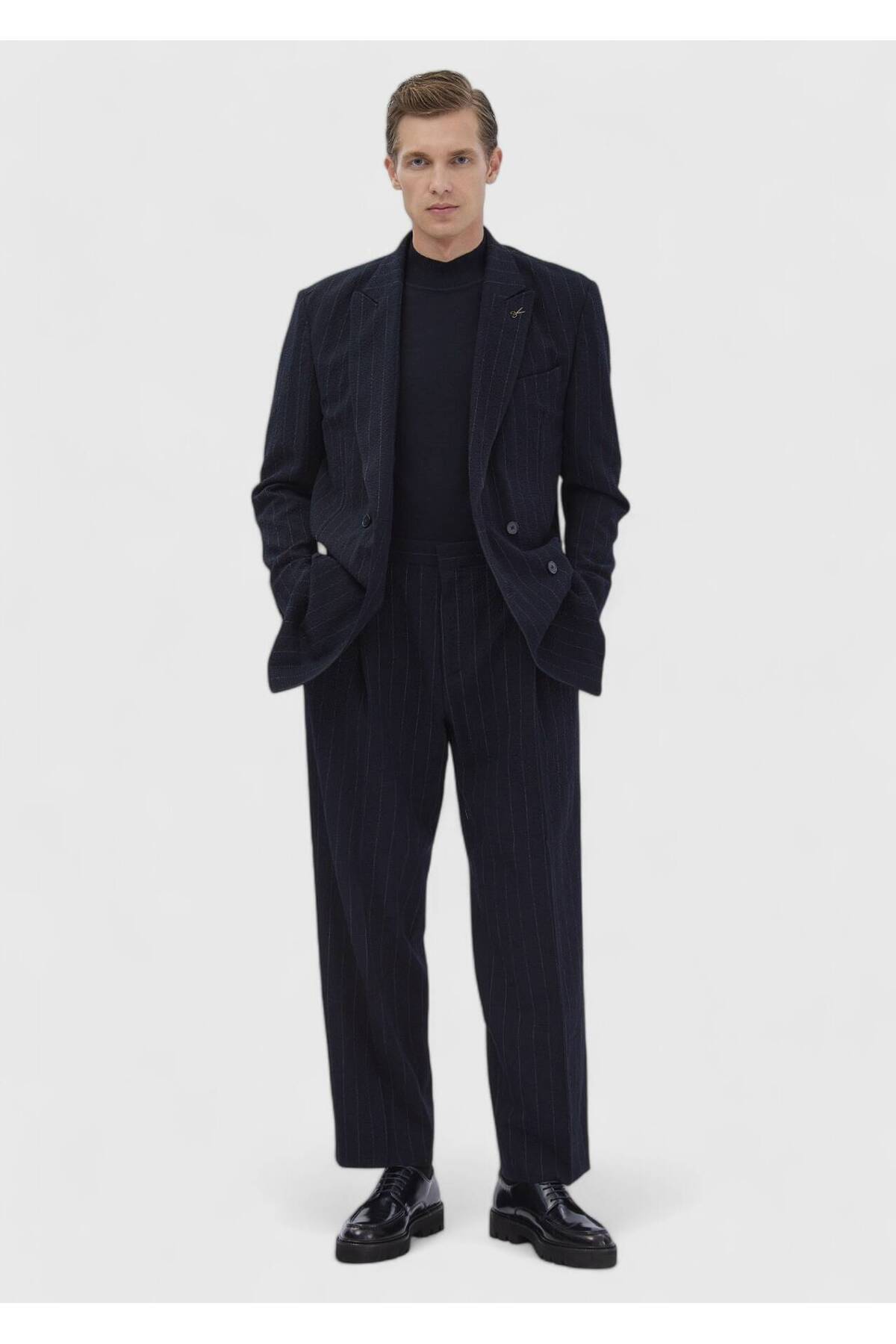 Ramsey  Lacivert Çizgili Comfort Fit Pamuk Karışımlı Takım Elbise - Görsel 2