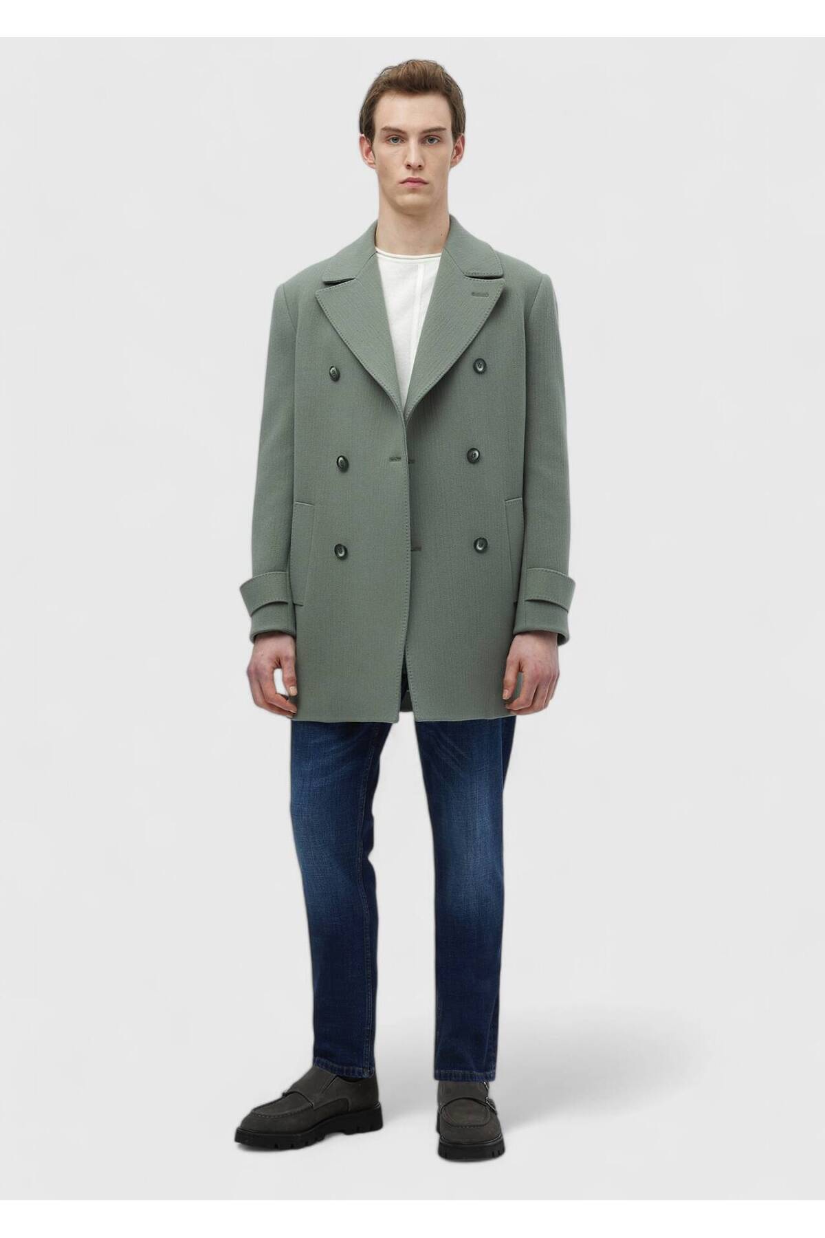 Ramsey  Açık Yeşil Regular Fit Kruvaze Yaka Casual Dokuma Palto - Görsel 2