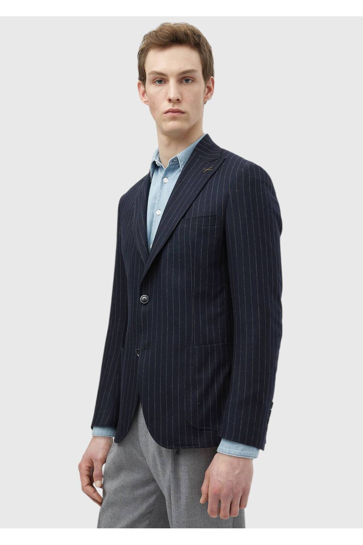 Ramsey  Lacivert Çizgili Zeroweight Slim Fit Yün Karışımlı Ceket - Görsel 3