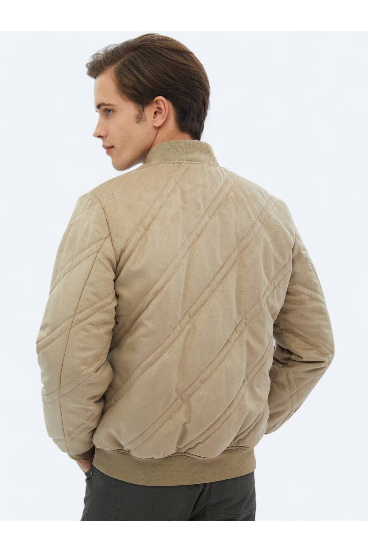 Kip Bej Regular Fit Dik Yaka Casual Dokuma Mont görsel 7