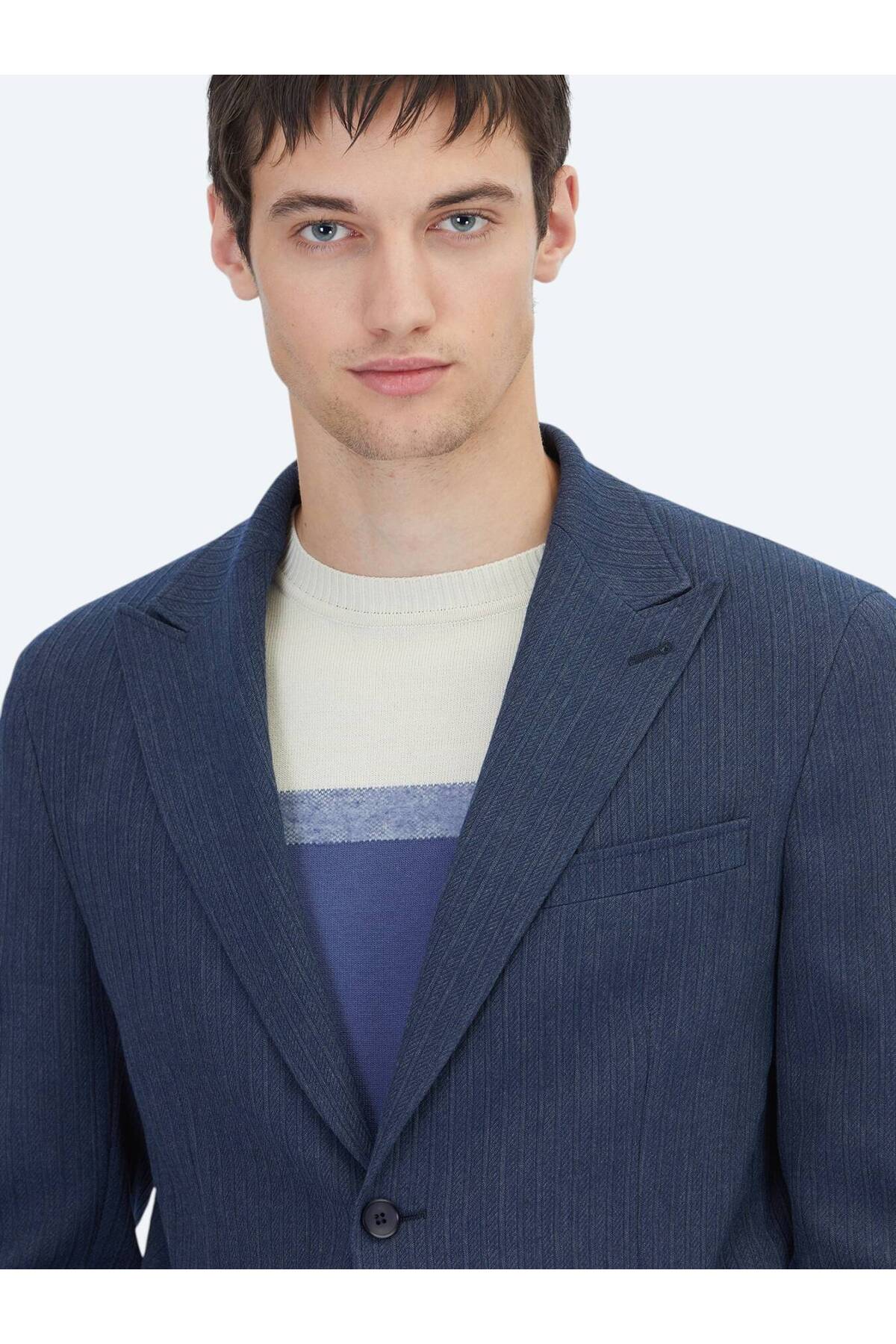 Kip  Koyu Lacivert Çizgili Modern Fit Ceket - Görsel 4