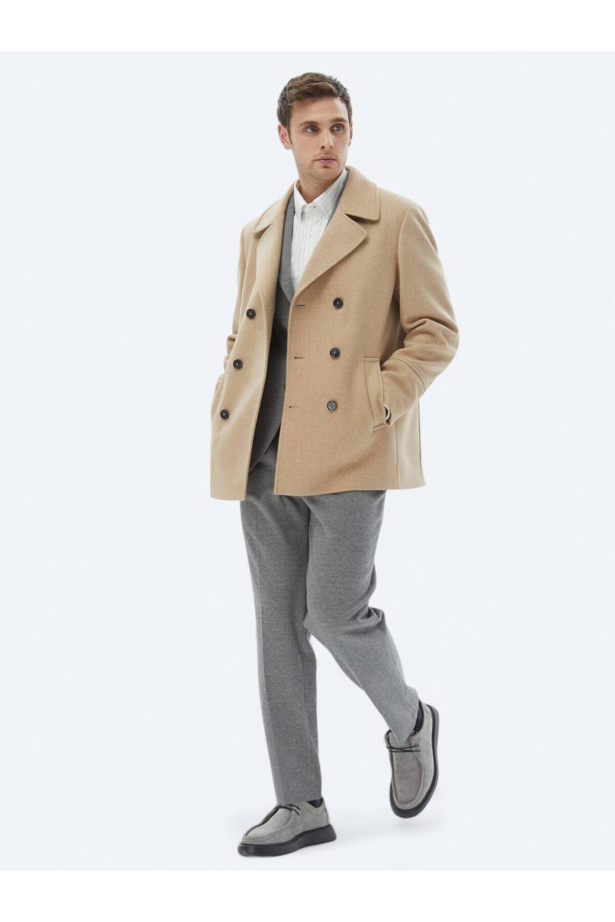 Kip  Deve Tüyü Regular Fit Kruvaze Yaka Casual Örme Kaban - Görsel 3