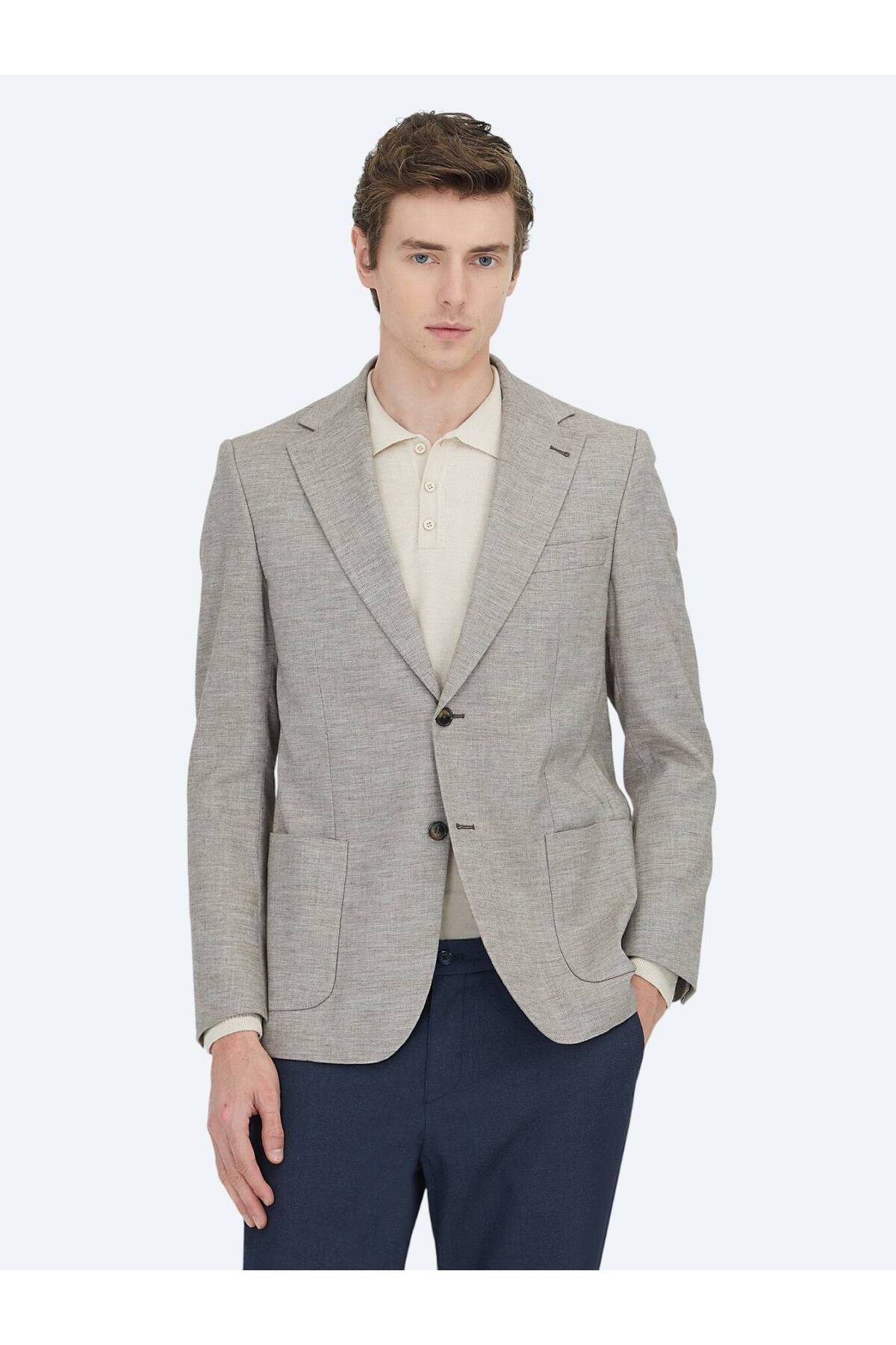 Kip  Koyu Kahve Desenli Modern Fit Yün Karışımlı Ceket - Görsel 2