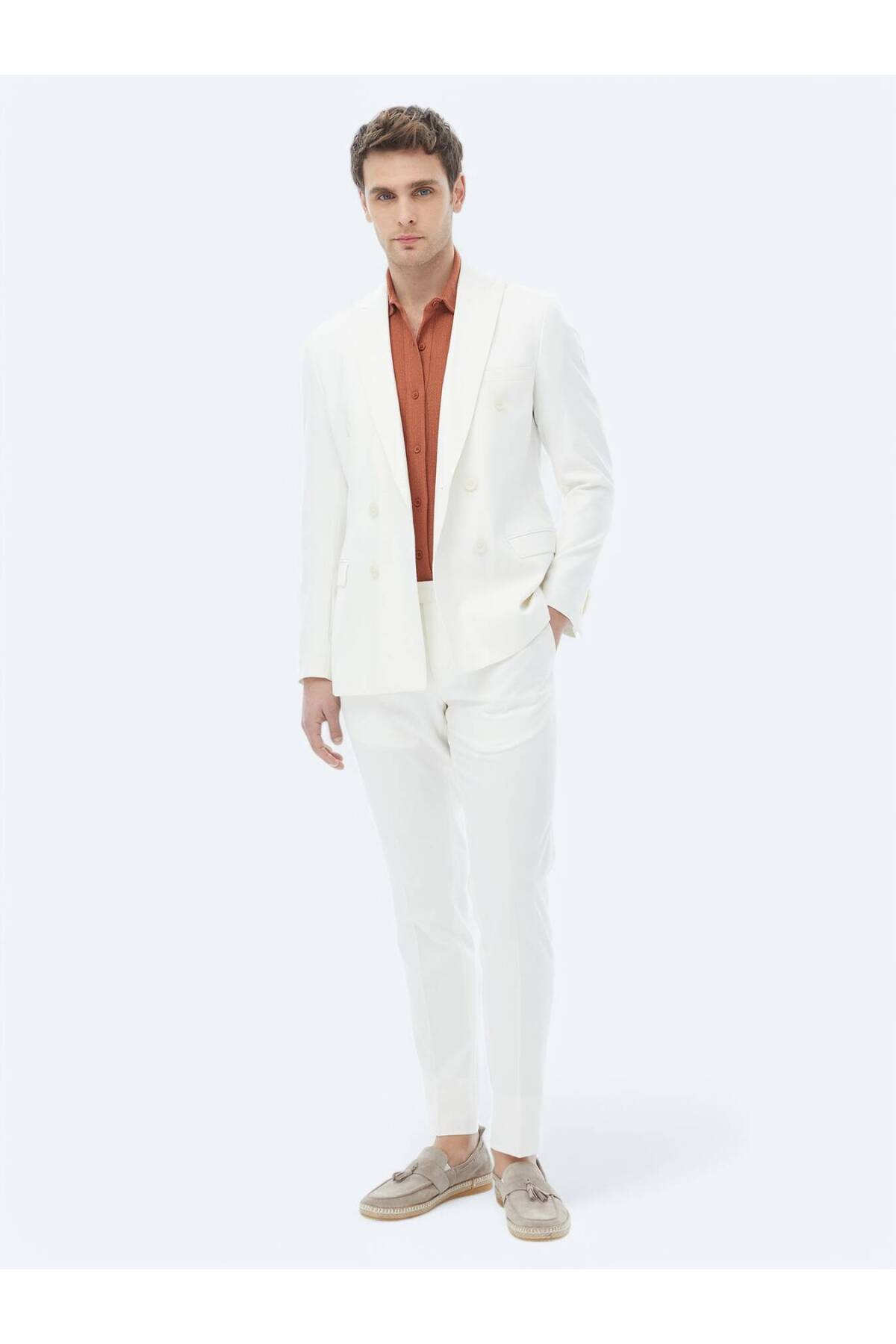 Kip Ekru Düz Slim Fit Takım Elbise görsel 5