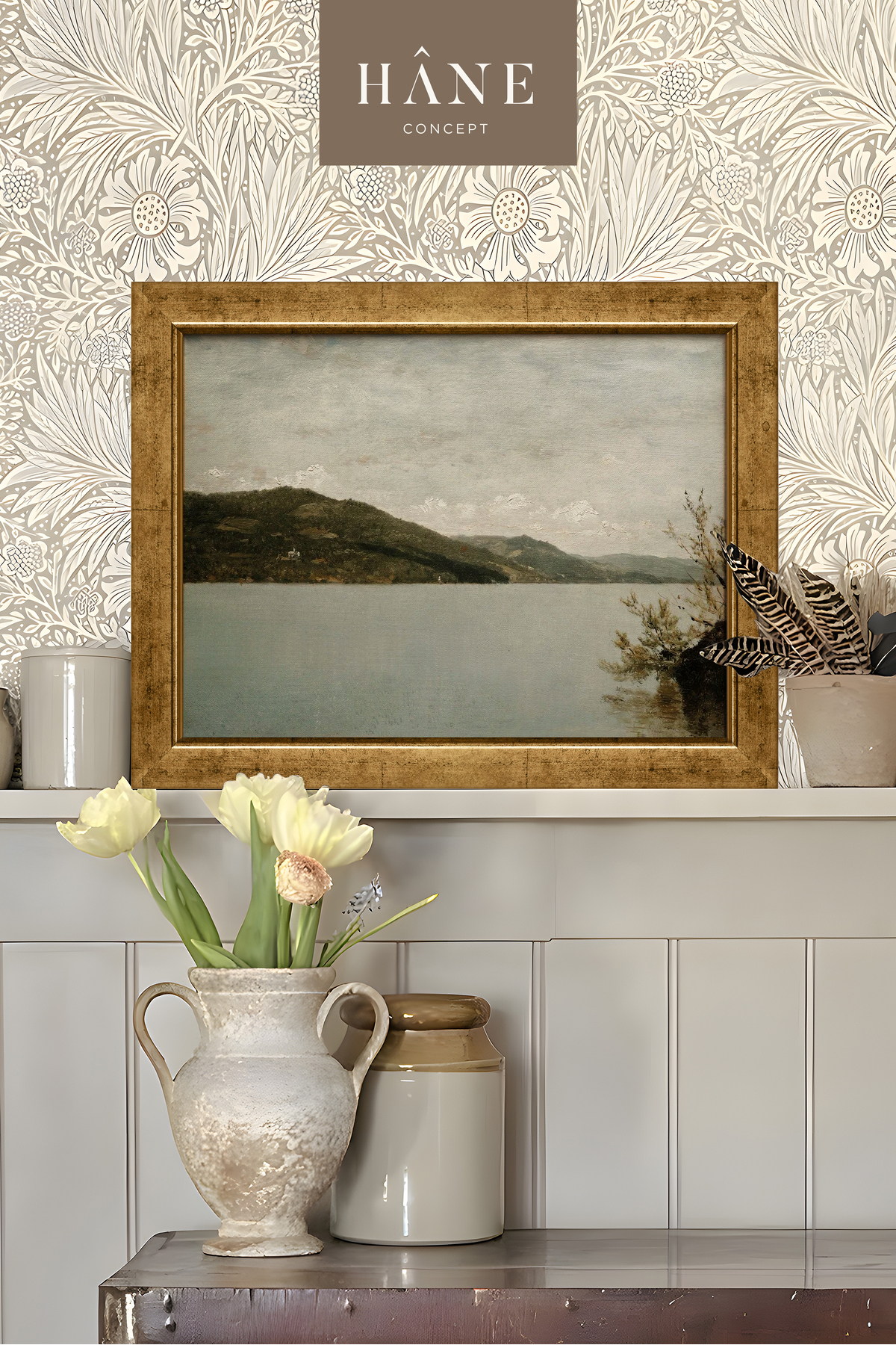 Framed Painting with Vintage Lake and Mountain View, Gallery Wall, Artistic Print, Farmhouse Style Decor