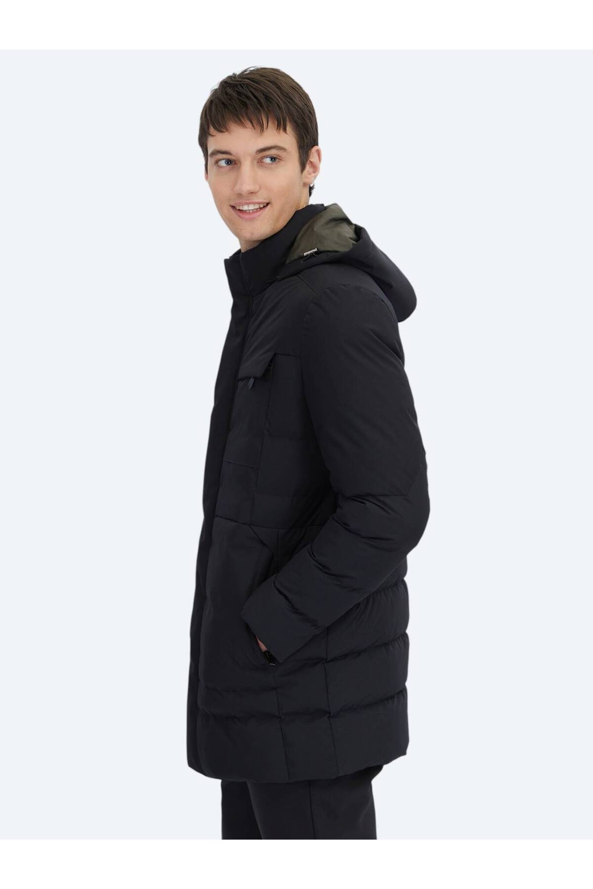 Kip Siyah Regular Fit Kapüşonlu Casual Dokuma Kaban görsel 4